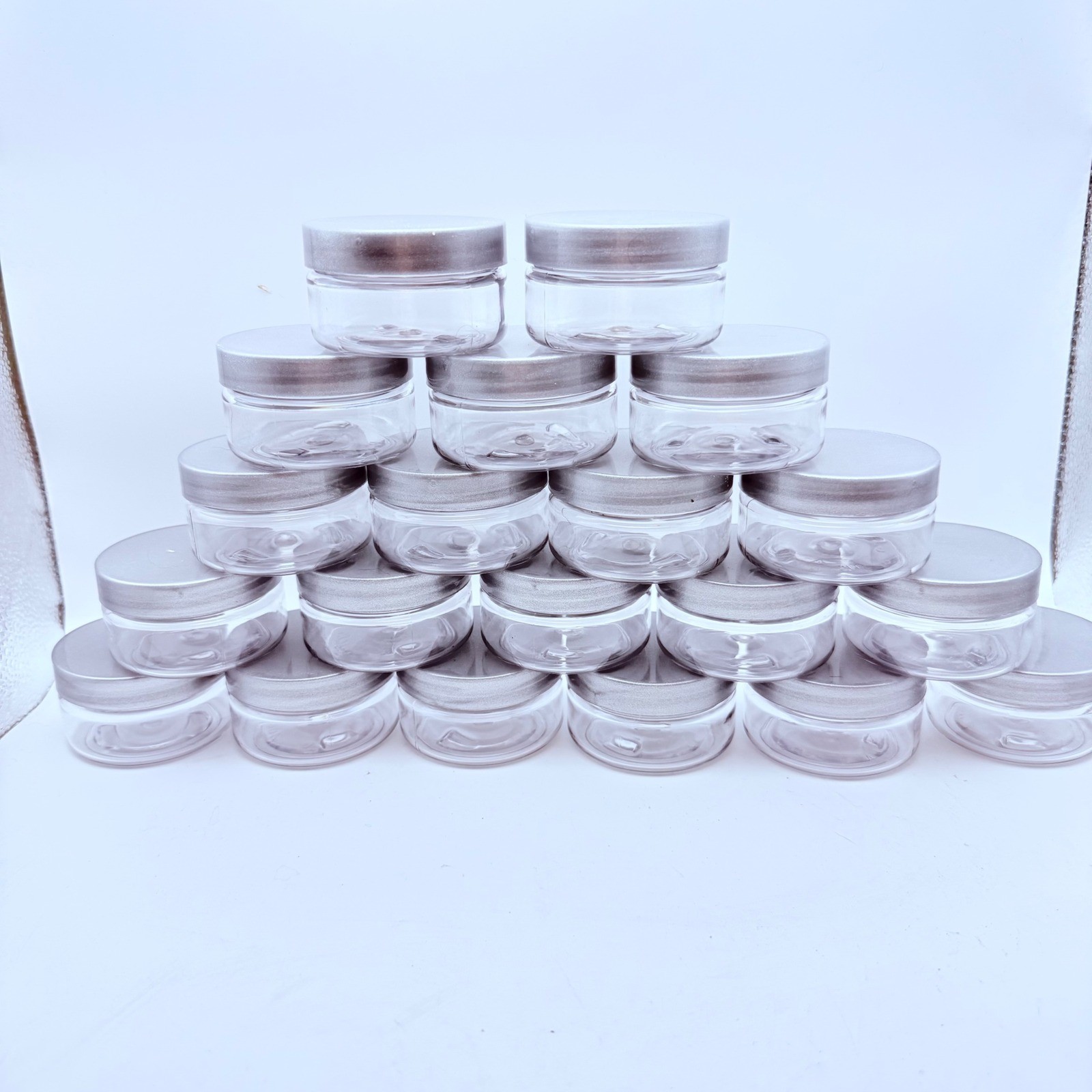 20 Small 2oz Clear Jars with Silver Lids Sample Containers Cosmetics Travel Size