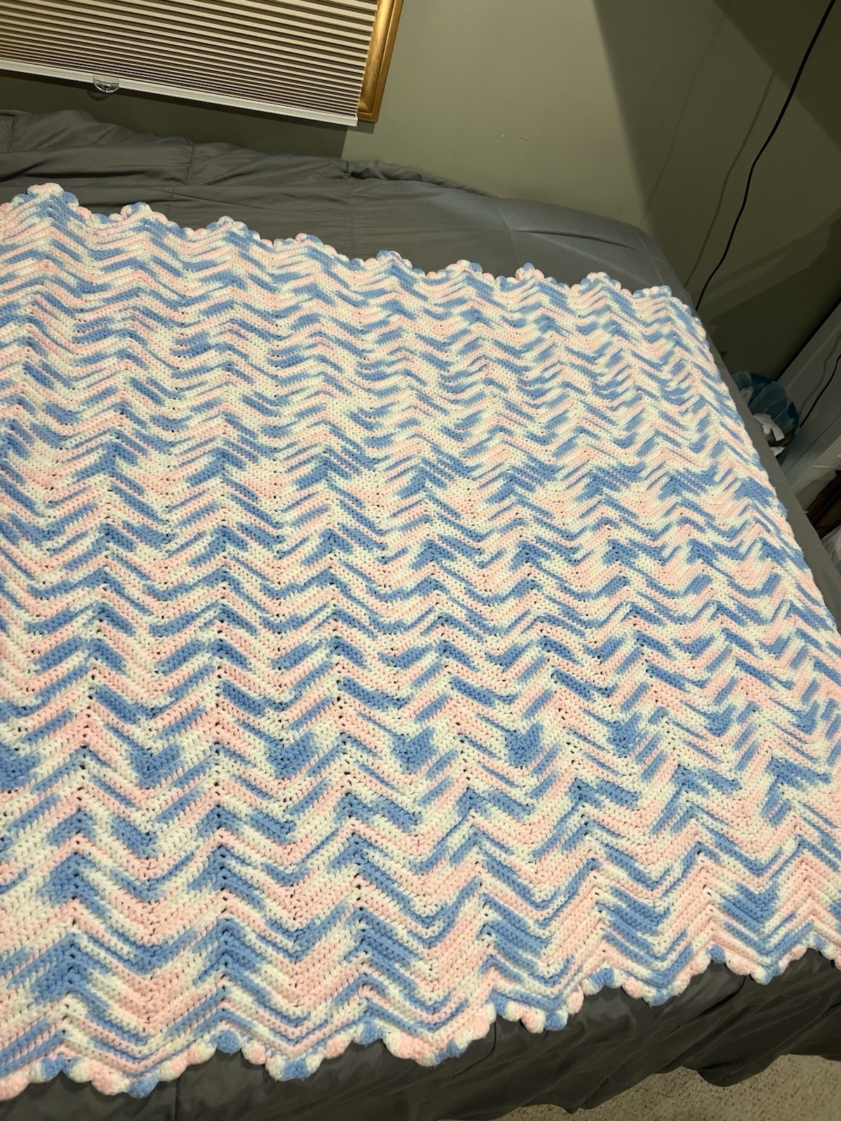 Crocheted Baby Blanket 48×48 Inches Blue Pink and White Handmade