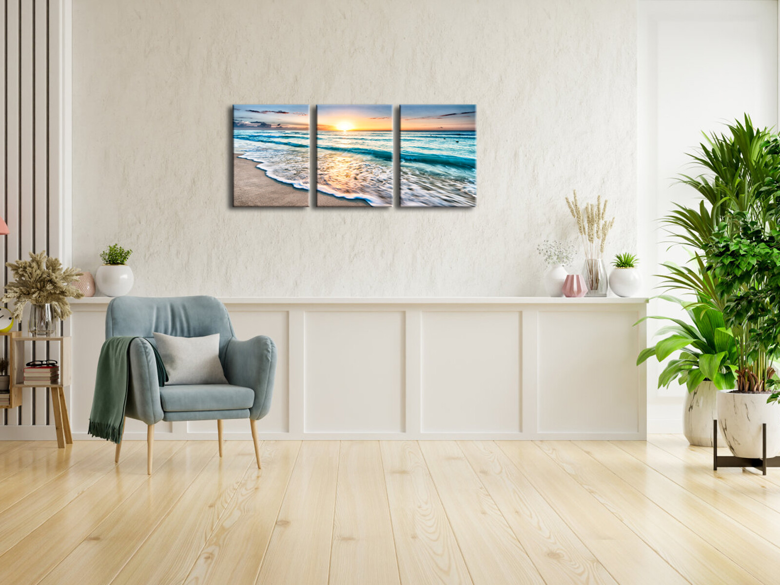 3 Panels Blue Beach Sunrise White Wave Pictures Painting on Canvas Wall Art