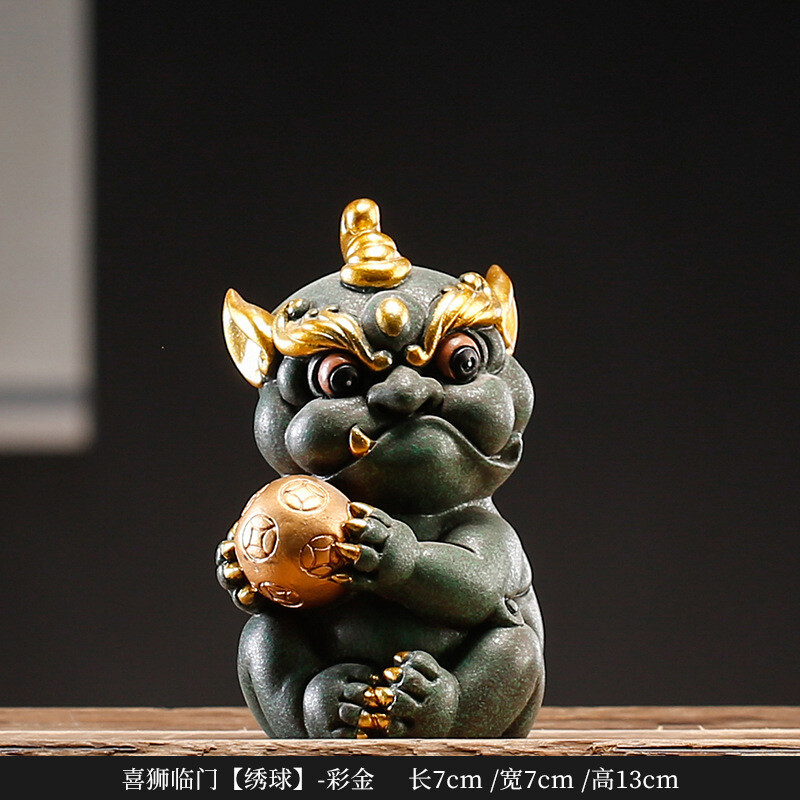 A Pair of Green Sand Stone Auspicious Pixiu Tea Pet Statue Desktop Decoration
