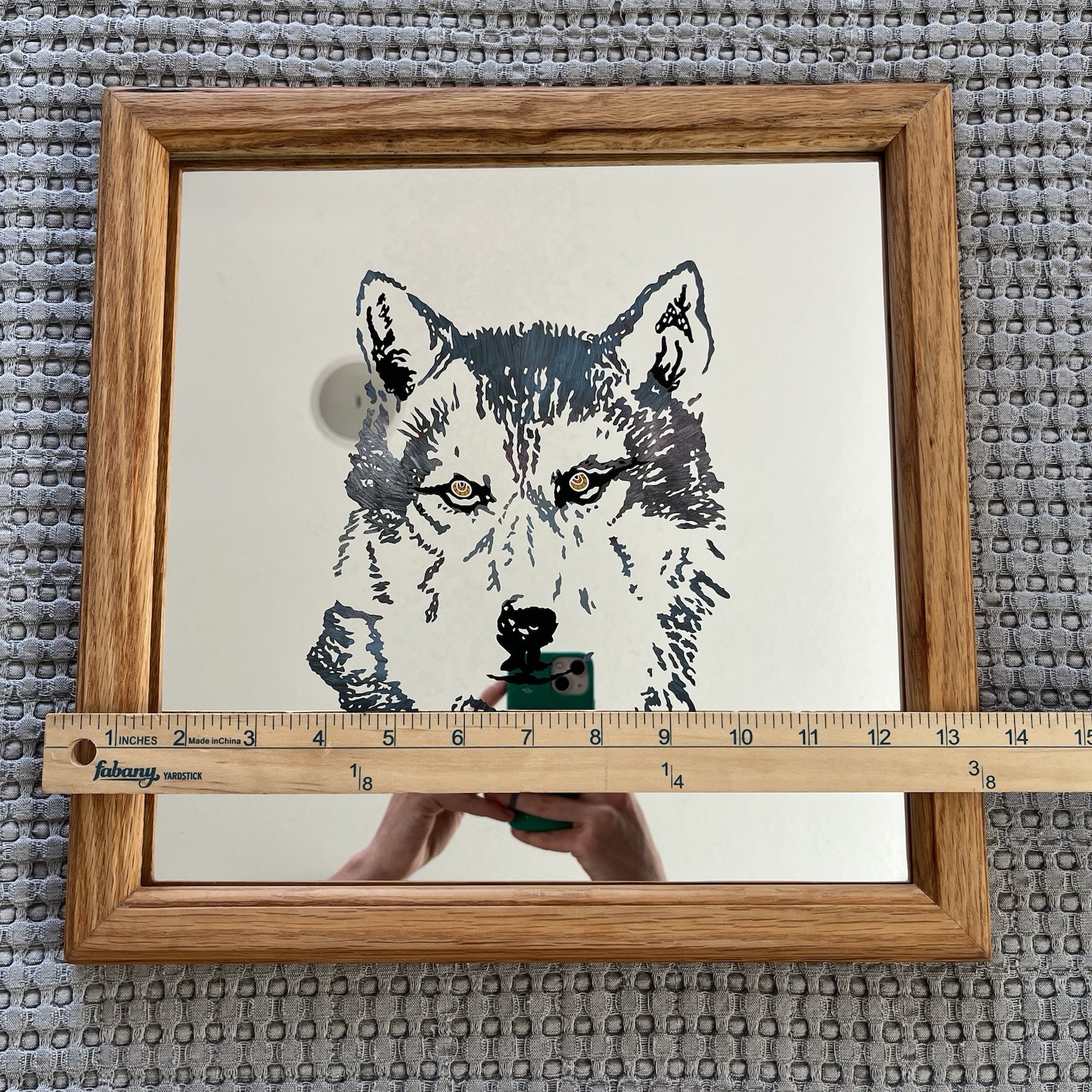 1999 OOAK Wolf Mirror Custom Made Etched & Painted in Wooden Frame 13.5” x 13.5”