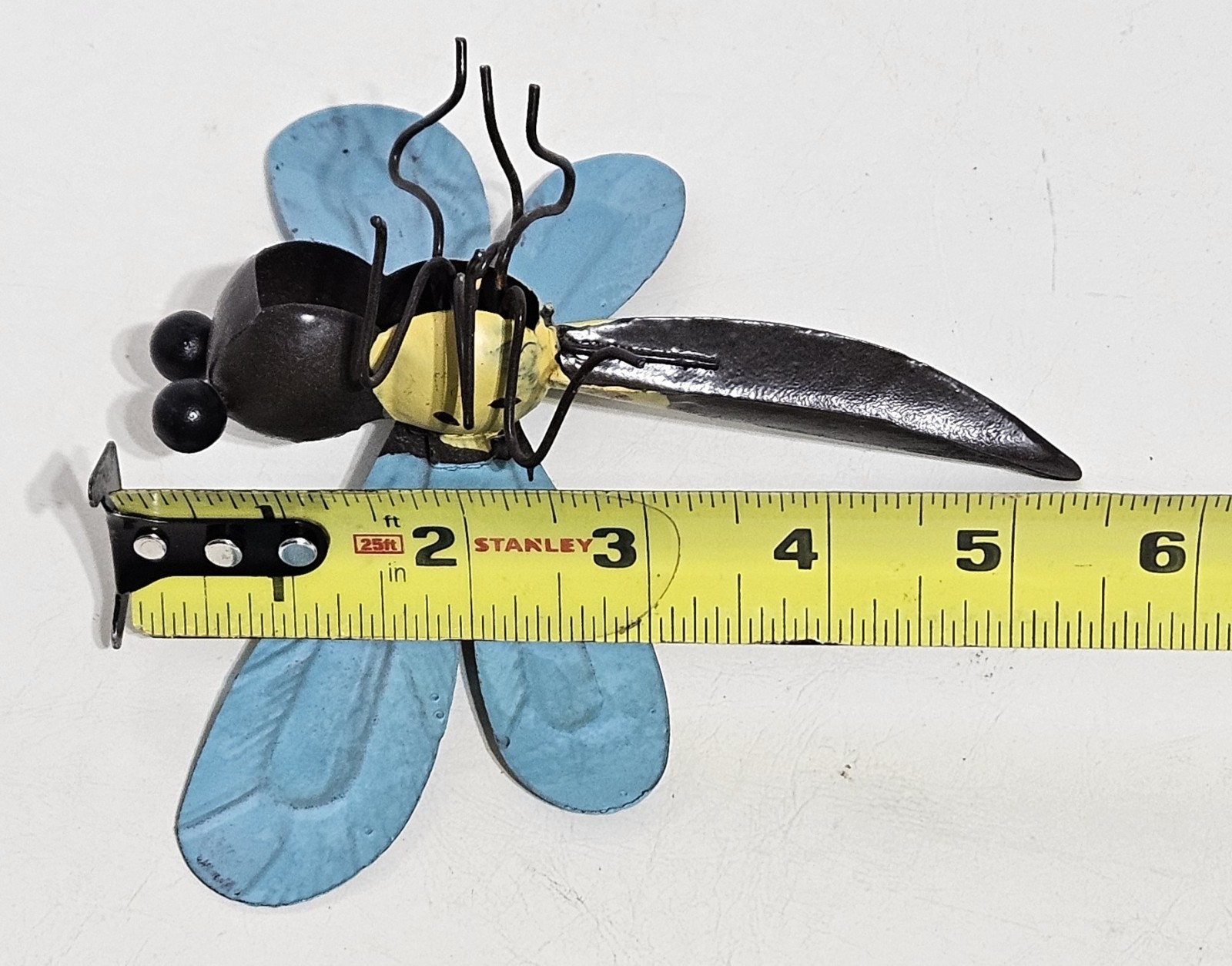 Metal Dragonfly Sculpture Hand-Painted Blue Yellow Brown Decor Wings – 6 Inches