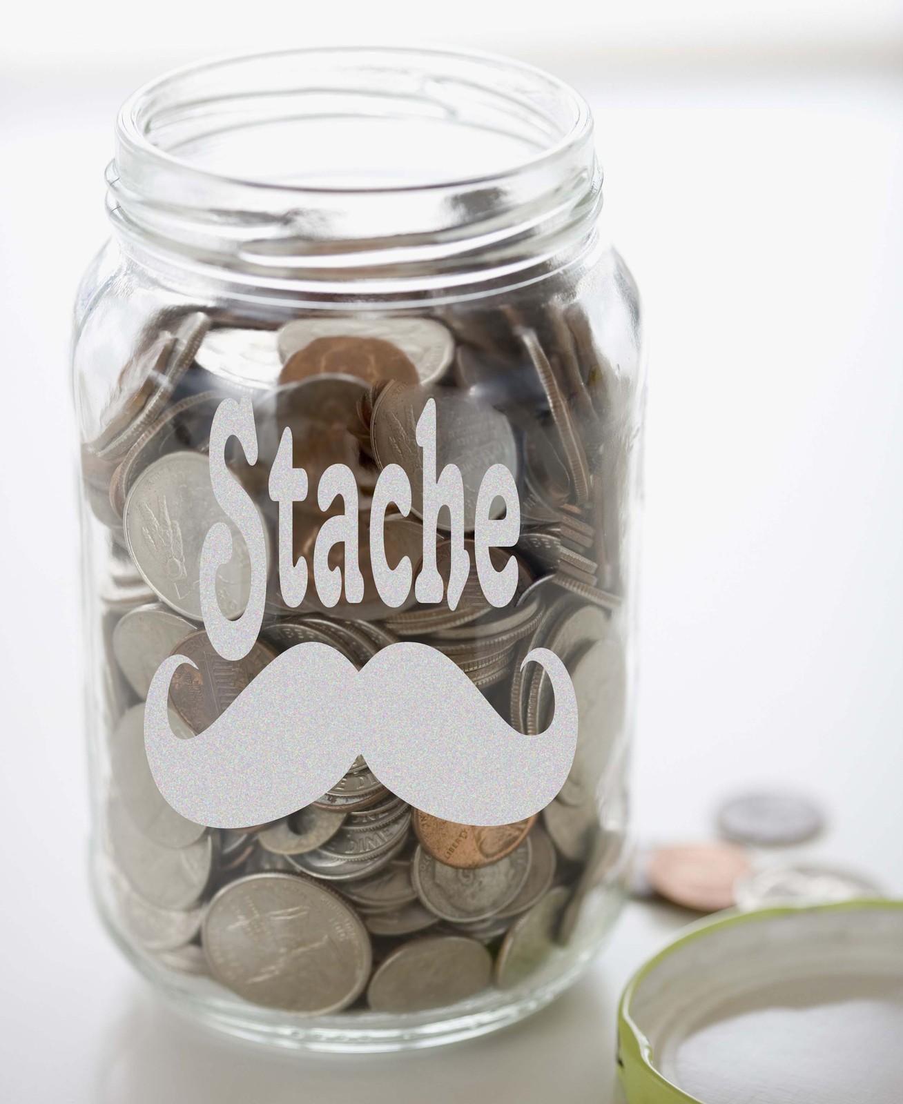 Moustache STACHE Frosted Etched Glass Money Jar Vinyl Sticker Decal 3″w- 5″w