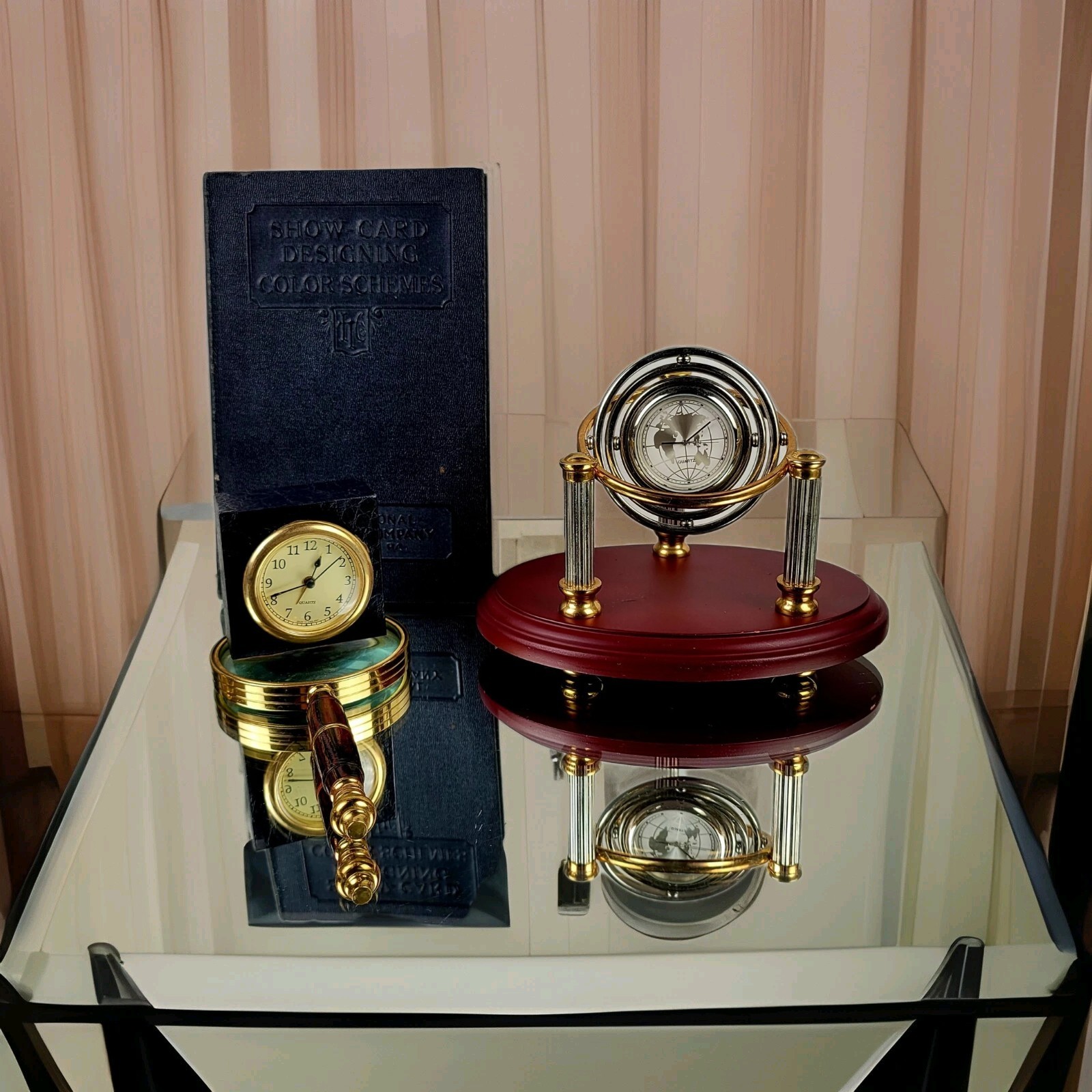 Gyroscopic Desk Clock – Two Toned Metalwork, World Map Face, Wooden Base