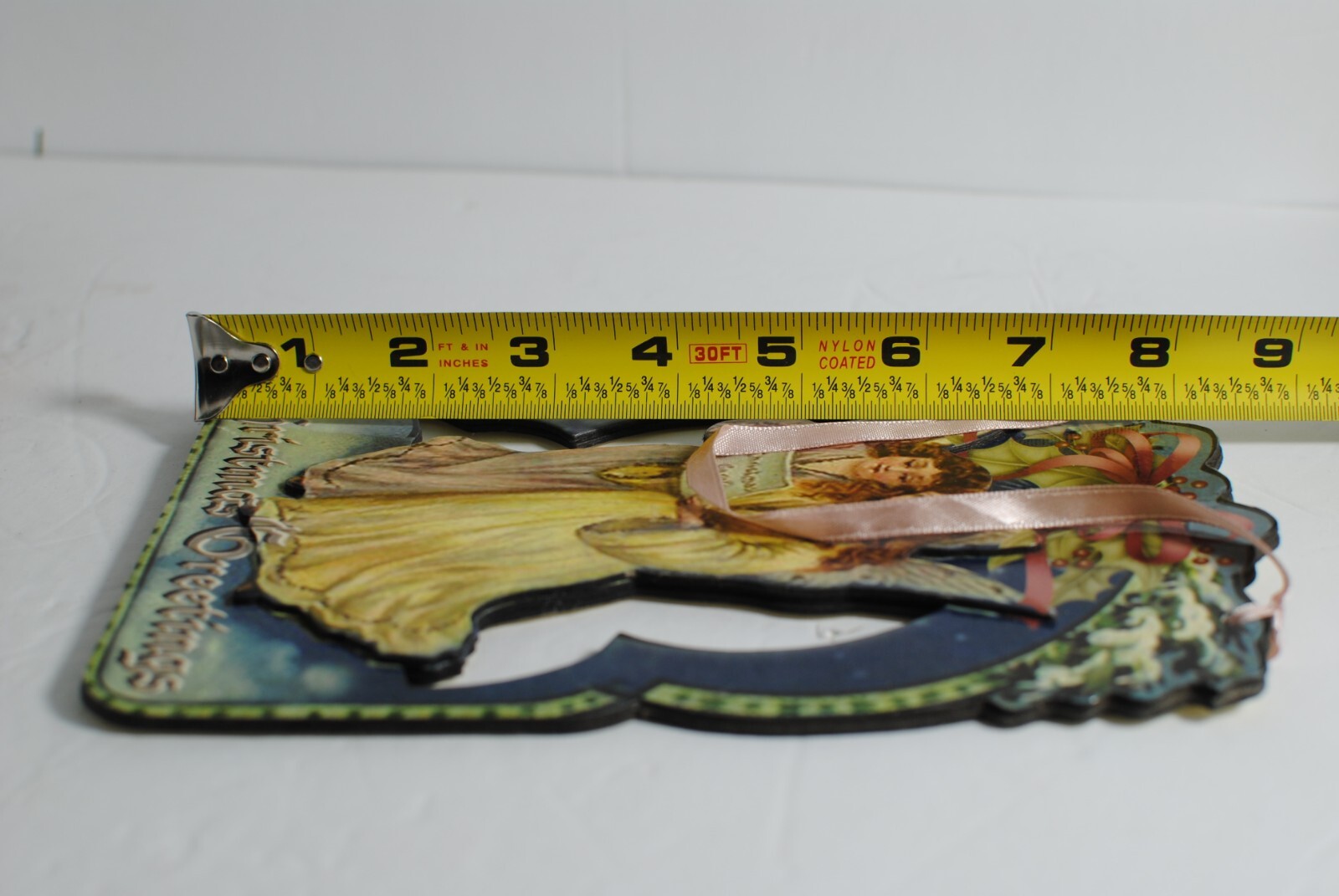 Vintage Santa and Angels Hanging 8in on Ribbon Victorian Christmas Sign Lot of 2