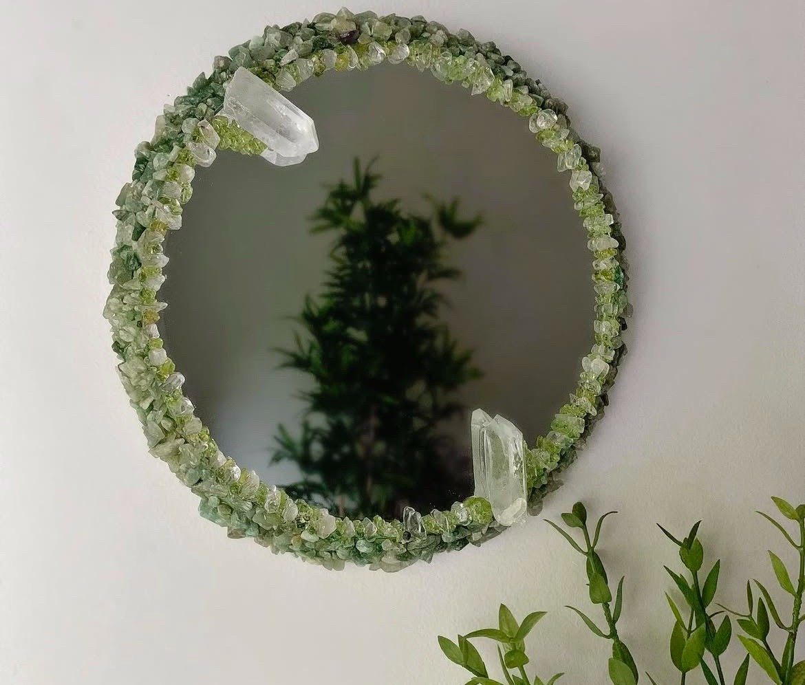 30” Aventurine, Peridot & Quartz Round Mirror | Handmade Crystal Wall Mirror