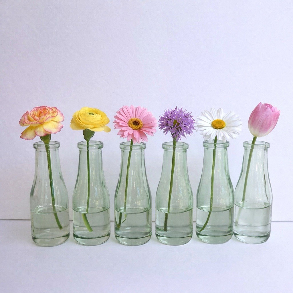 Set of 6 VTG Mini Clear Green Tint Bud Vases 2 oz – Small Flower Bottles 4” Tall