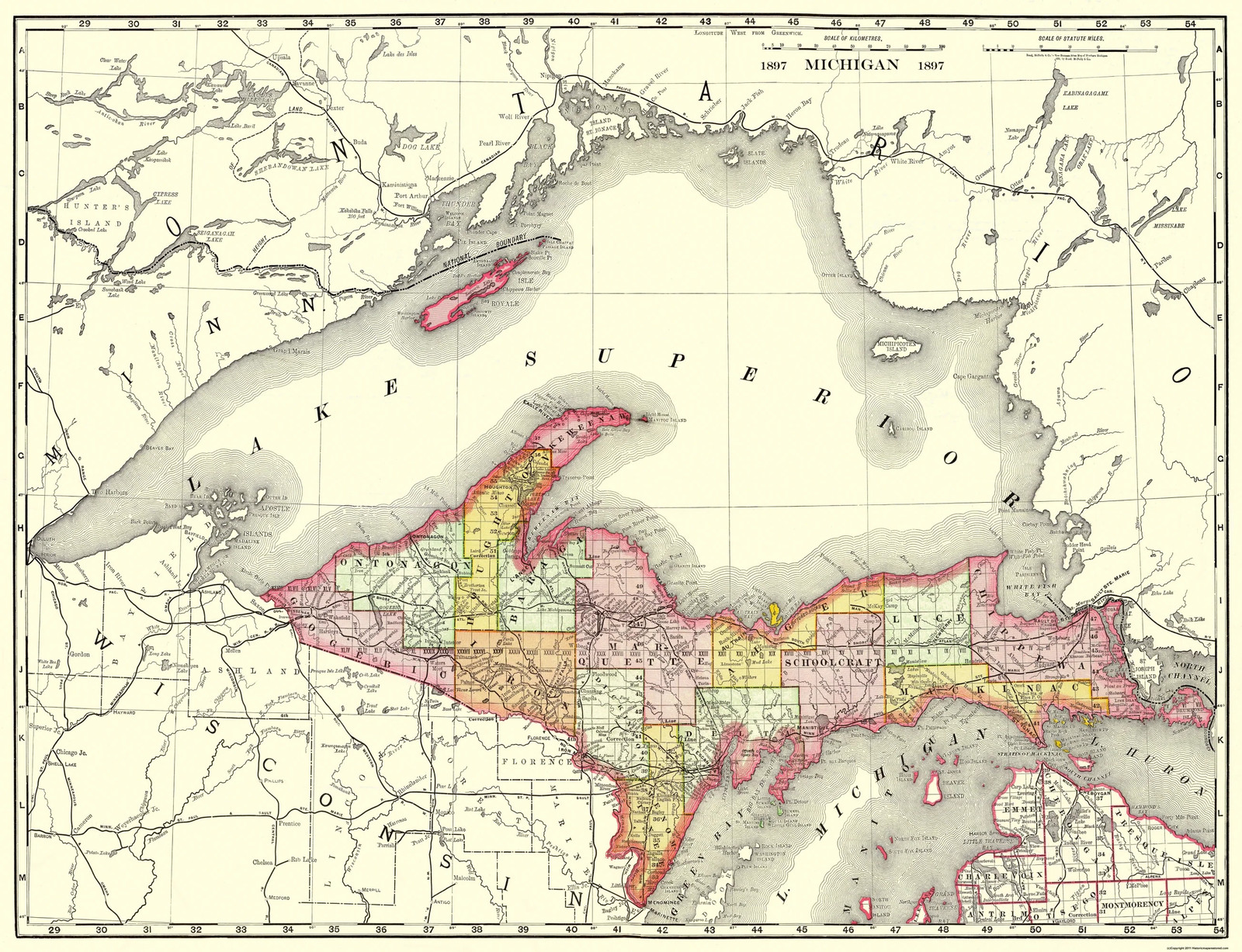 Historic State Map – Michigan Upper Peninsula – Rand McNally 1897 – Vintage