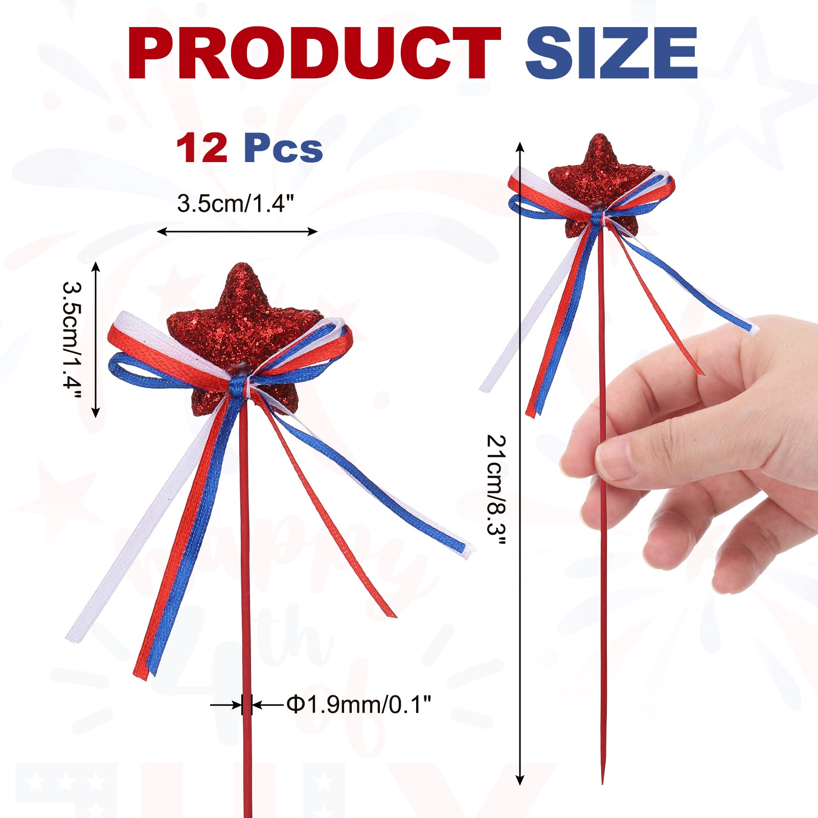 12 Pcs 4th of July Glitter Star Picks 8″ Puffy Sparkly Sticks with Bowknot (Red)