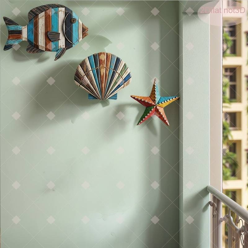3Pcs Coastal Beach Wooden Wall Decor 2D Flat Ocean Fish Shell Starfish Hanging