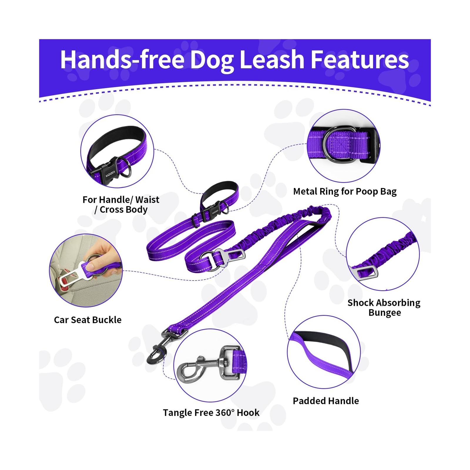 Kazazoo Hands-Free Dog Leash with 6-9FT Adjustable Length – Heavy D… Fast Ship