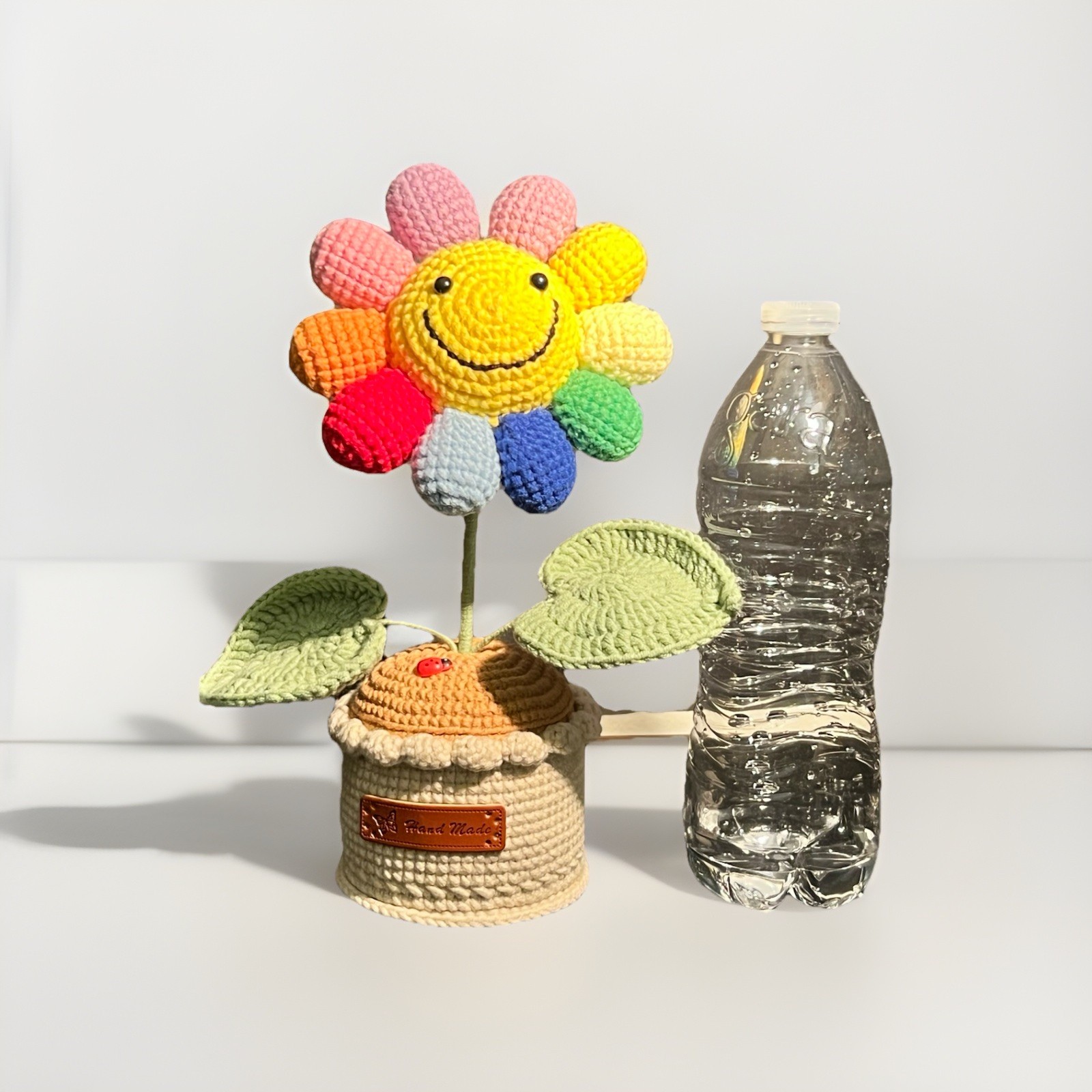 Amigurumi: Handmade Crochet Flower Pot Smiley Face Rainbow Amigurumi Knit 10”