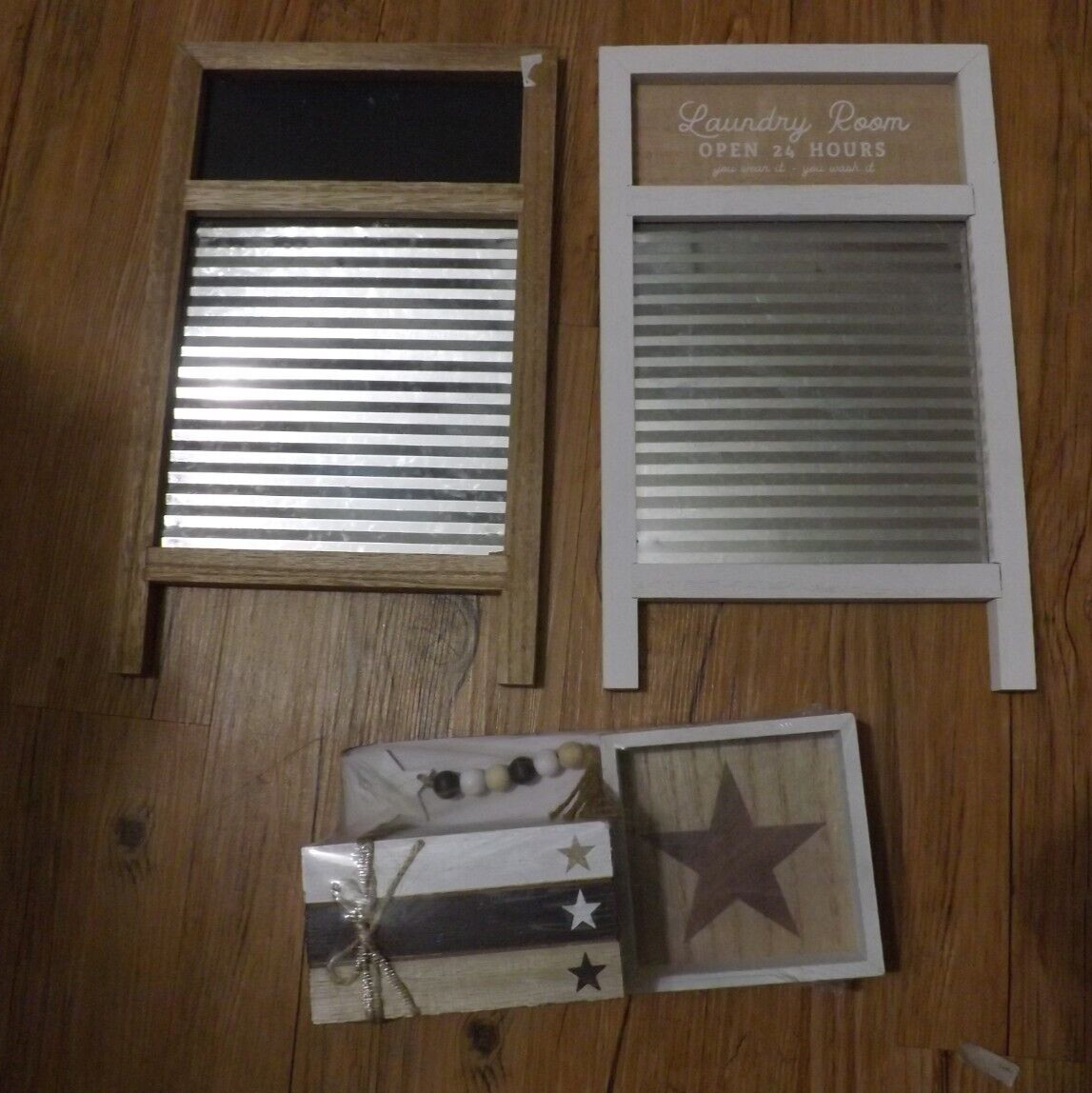 NEW 5 piece finished farmhouse STAR beads wooden decor 2 laundry wash boards
