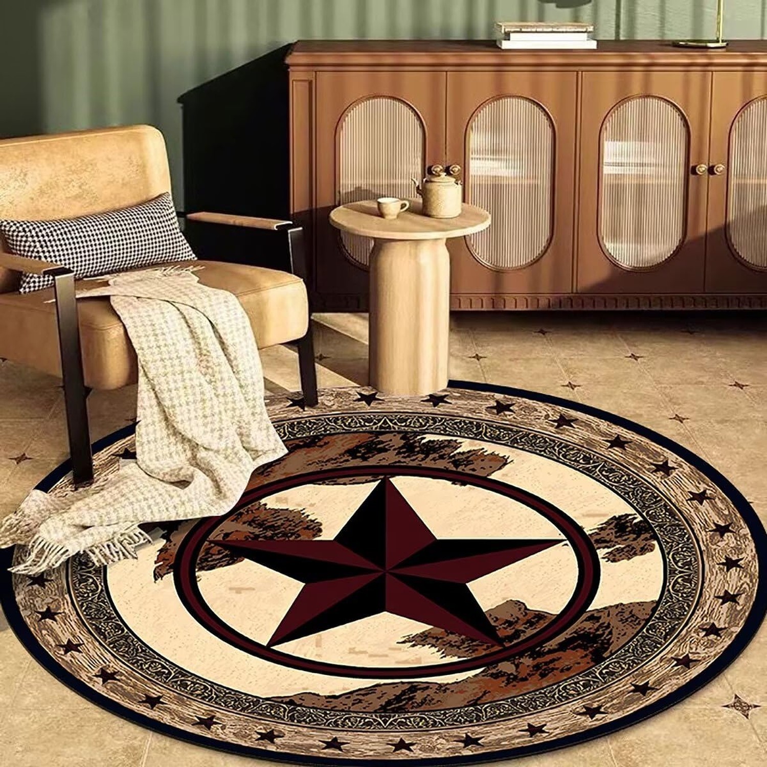 Round Rustic Texas Stars Area Rug 4Ft Western Cowboy Bordered Circular Rugs f…