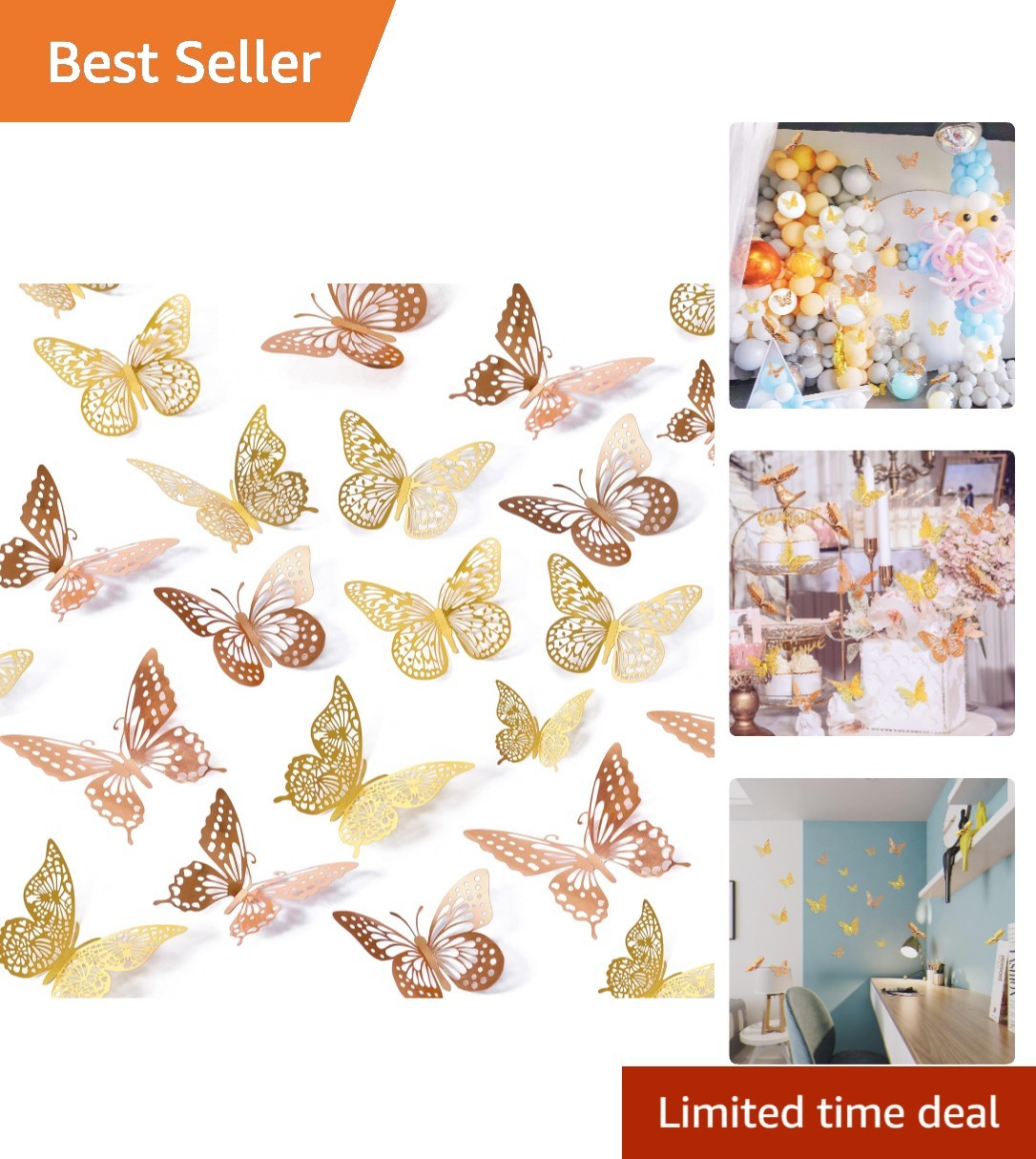 Self-Adhesive 3D Metallic Butterfly Wall Stickers – 48 Pcs for Nursery & Parties