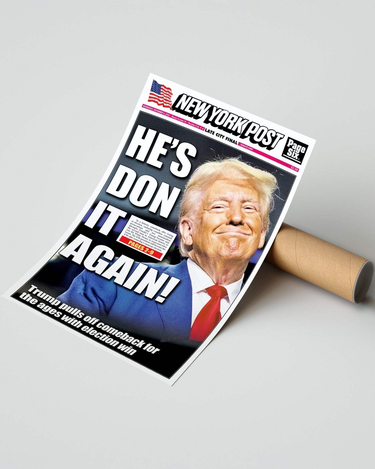 2024 Donald Trump Wins Presidential Election – NY Post Framed Newspaper