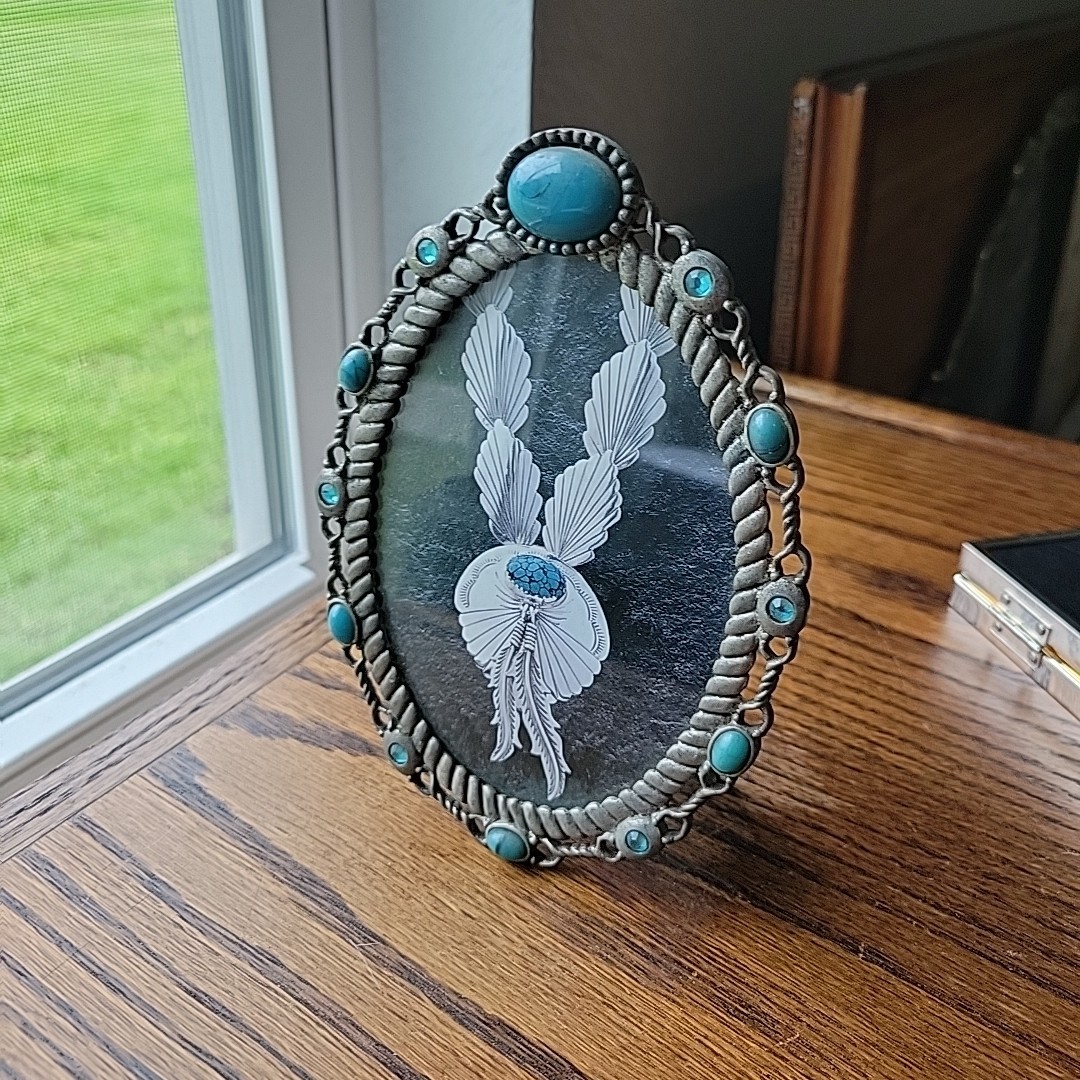 Photo Frame Silver Pewter Oval Faux Turquoise Open Work Standup Easel Rope SW