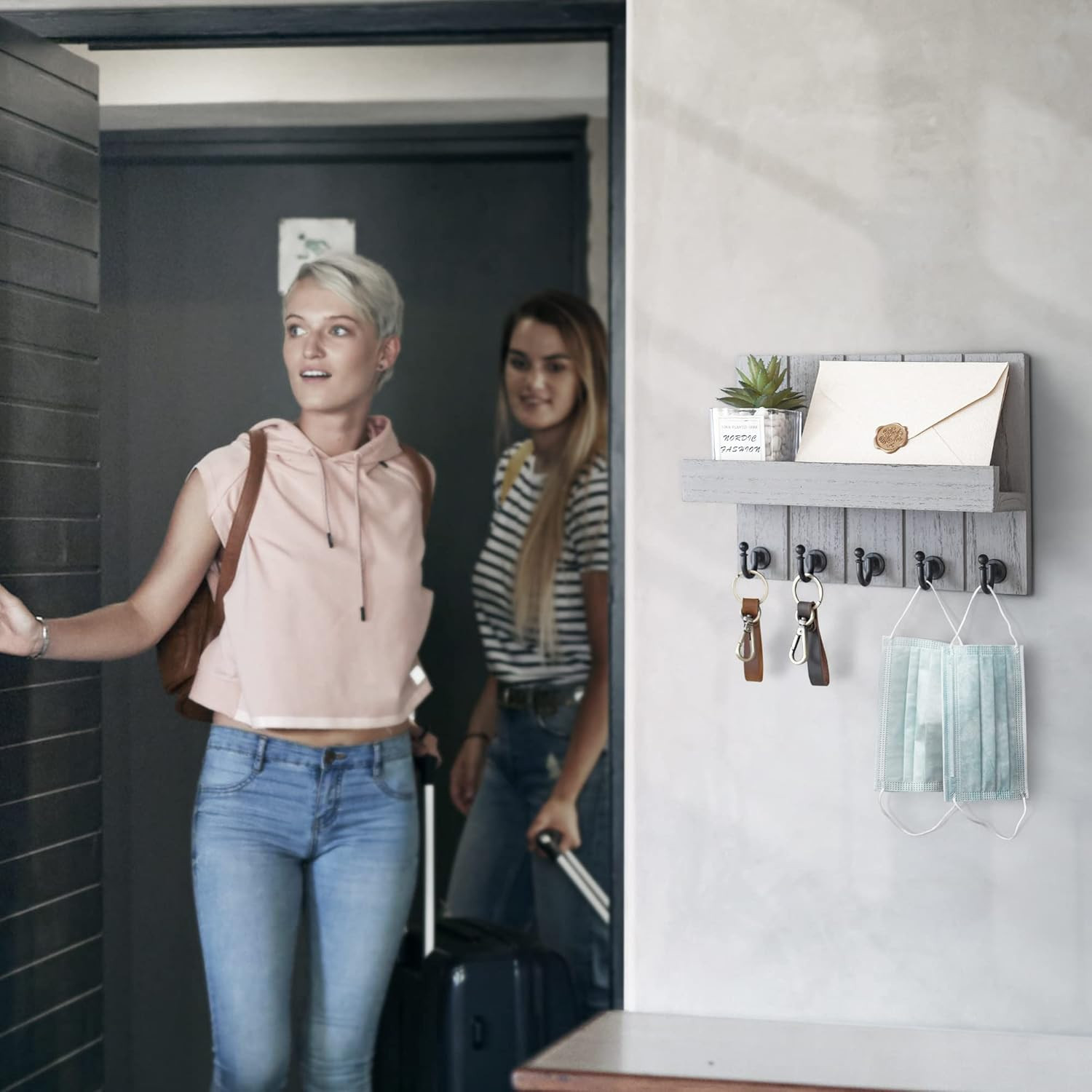 Decorative Key and Mail Holder for Wall – Modern Key Hooks with Shelf and Mail O
