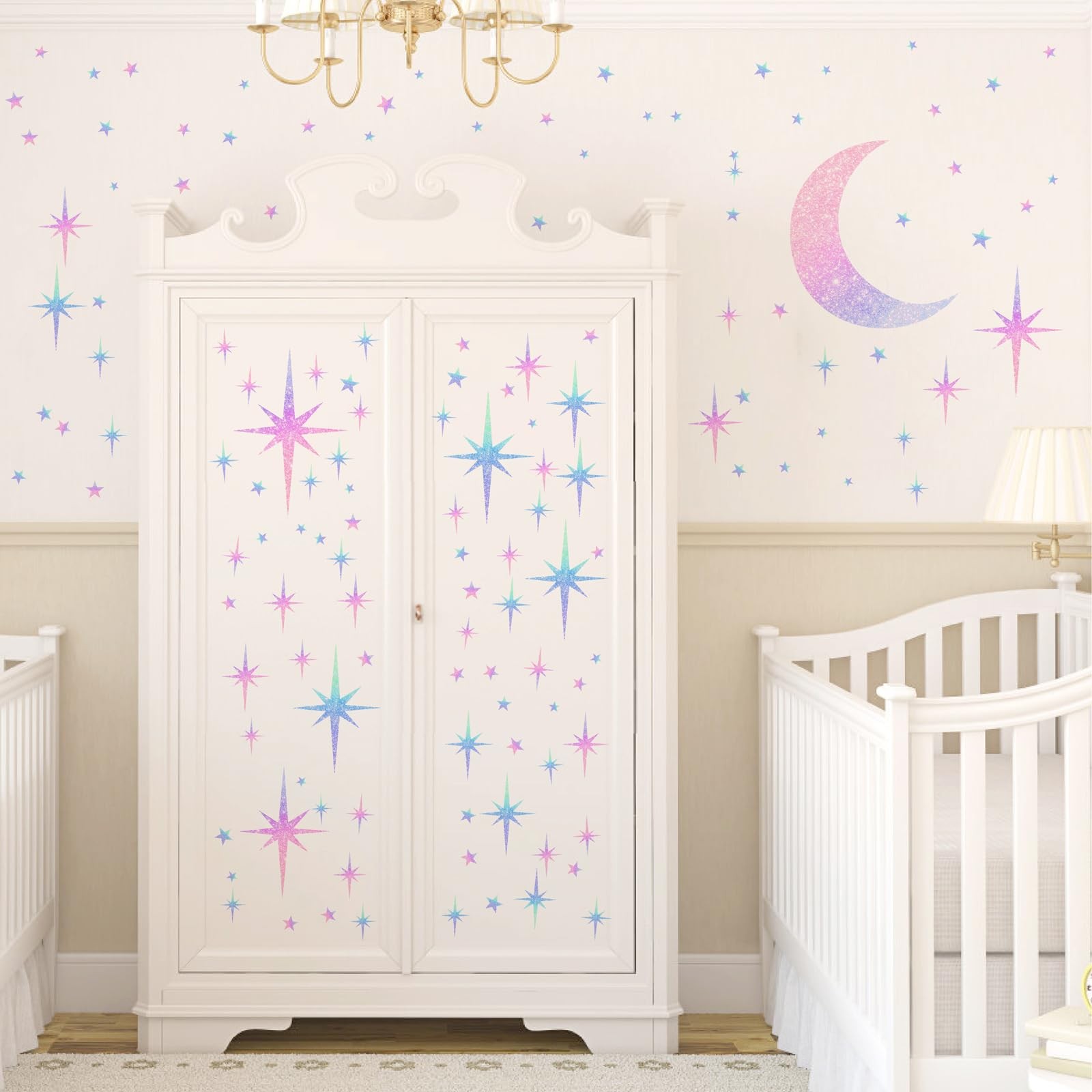 Star Wall Decals Sparkle Wall Decal Peel and Stick Rainbow Star Moon Stickers…