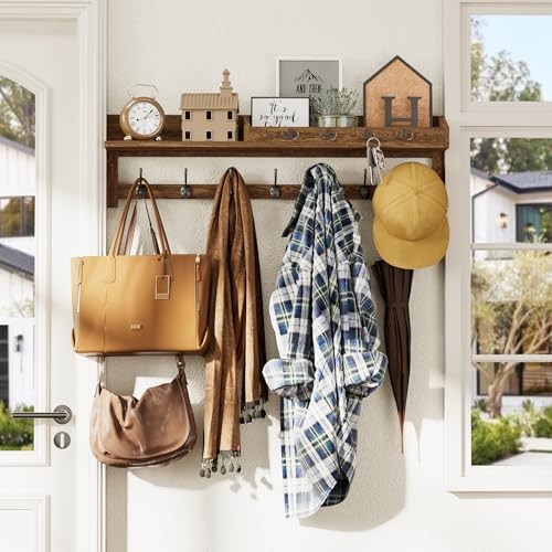Coat Rack Wall Mount, 35 inch Large Wall Hooks with Shelf, 35″ L Brown