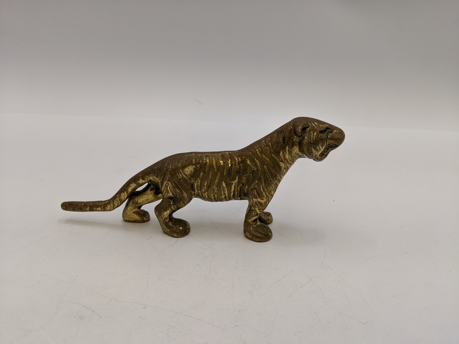 Solid Brass Striped Tiger Animal Statue Figurine Feng Shui 6-1/2″ Length