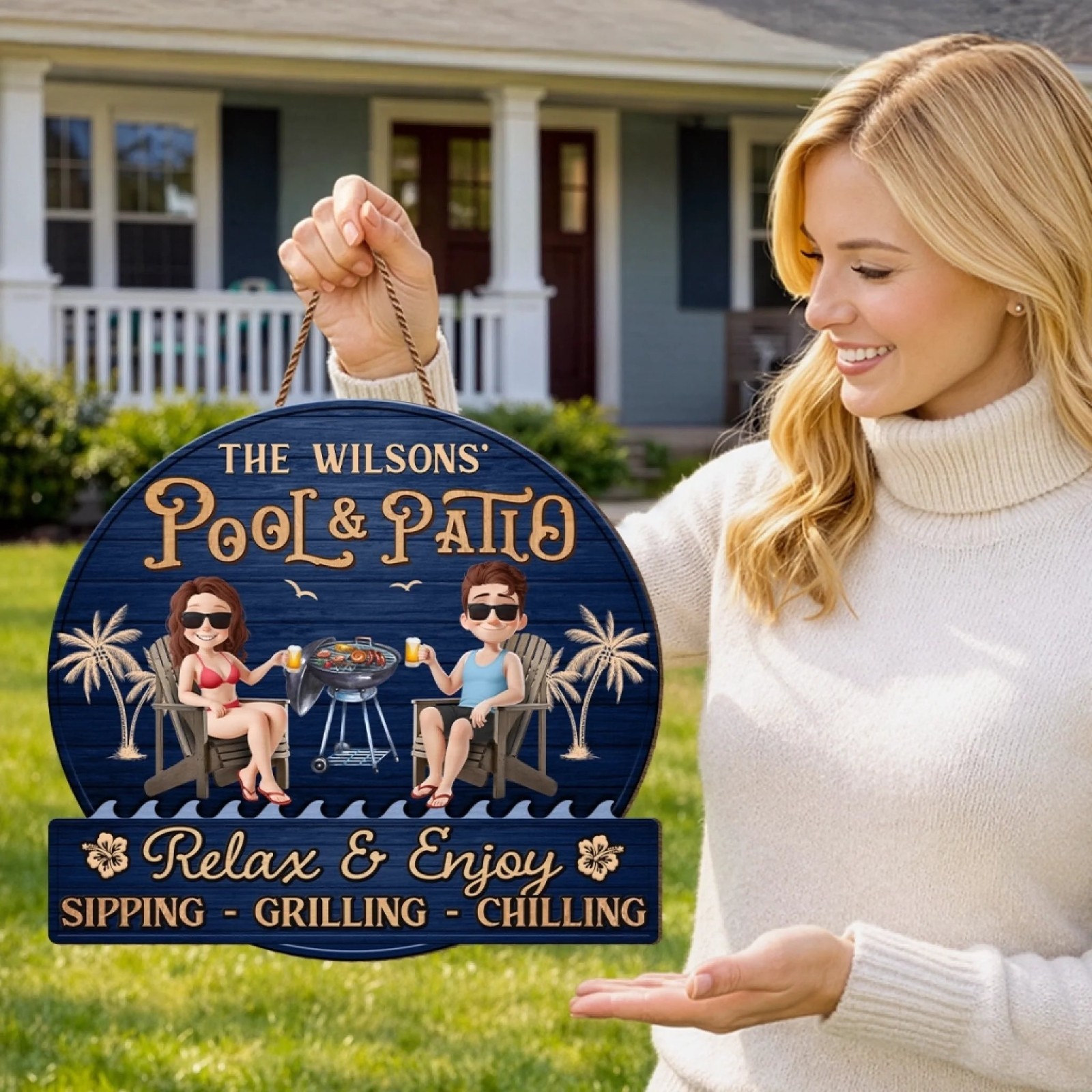 Custom Pool Patio Sign Tropical Couple Wooden Backyard Decor Gift
