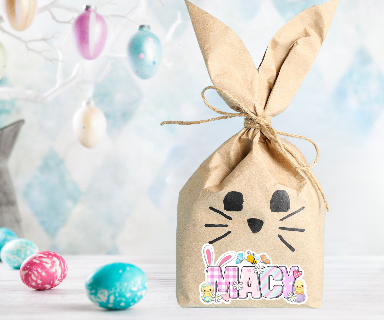 Personalized Easter Bunny Name Sticker, Cute Spring Vinyl Decal, Basket Tag Gift