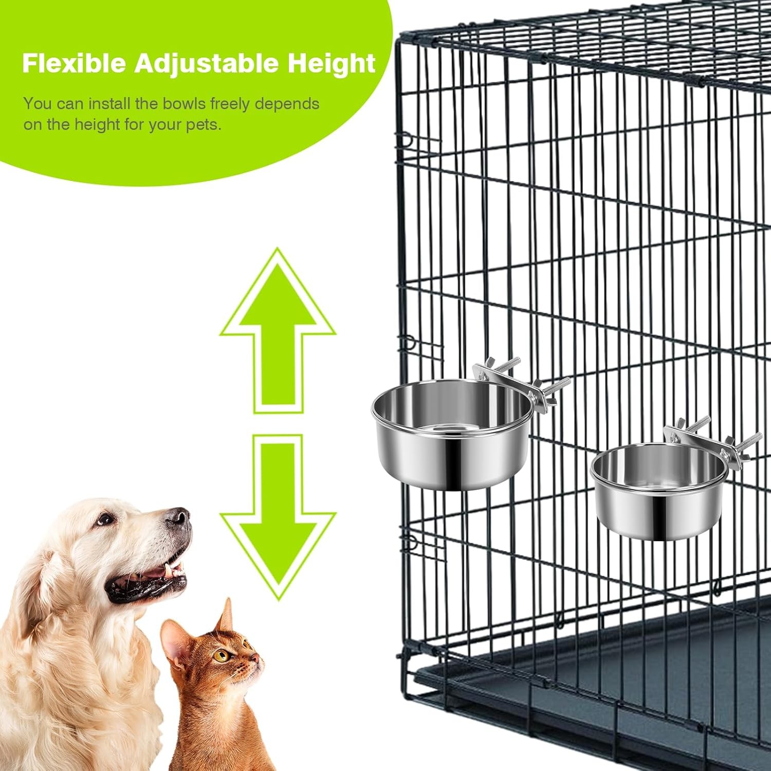 2 Pcs Small Pet Dog Food Water Bowl for Cage Stainless Steel Non-Spill Kennel Ha