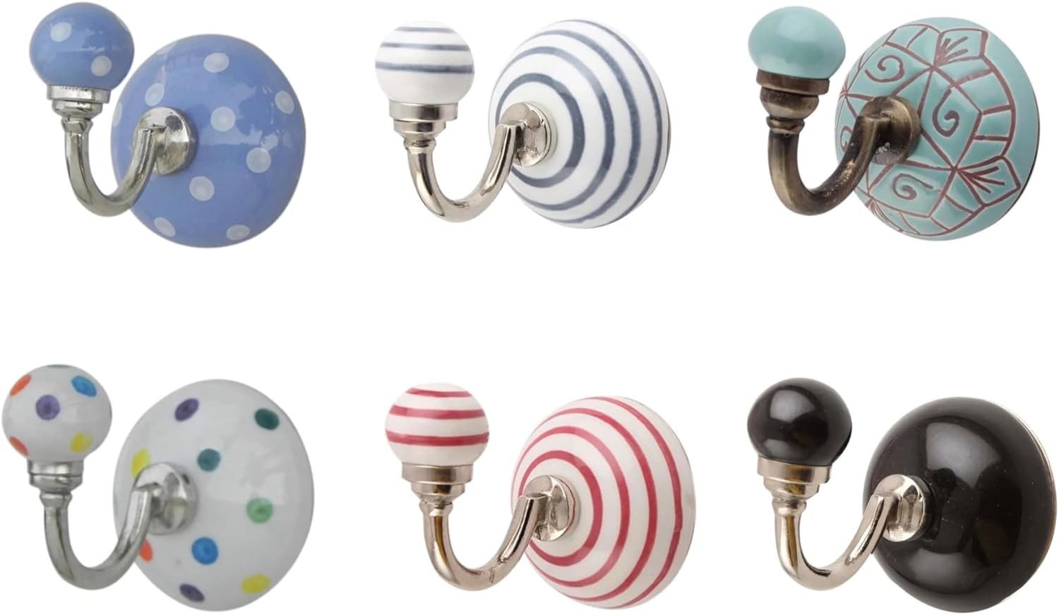 Round Ceramic Wall Hooks with Metal Hardware, Decorative Coat Hat Rack Key