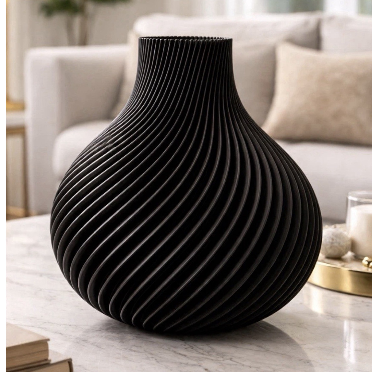 Luxury Black 3D Printed Spiral Vase Modern Home Decor Matte 10in Free Ship