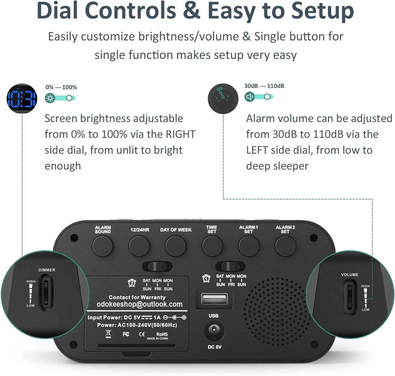 Digital Alarm Clock with Dual Alarms USB Charger Dimmer Snooze 12 24H