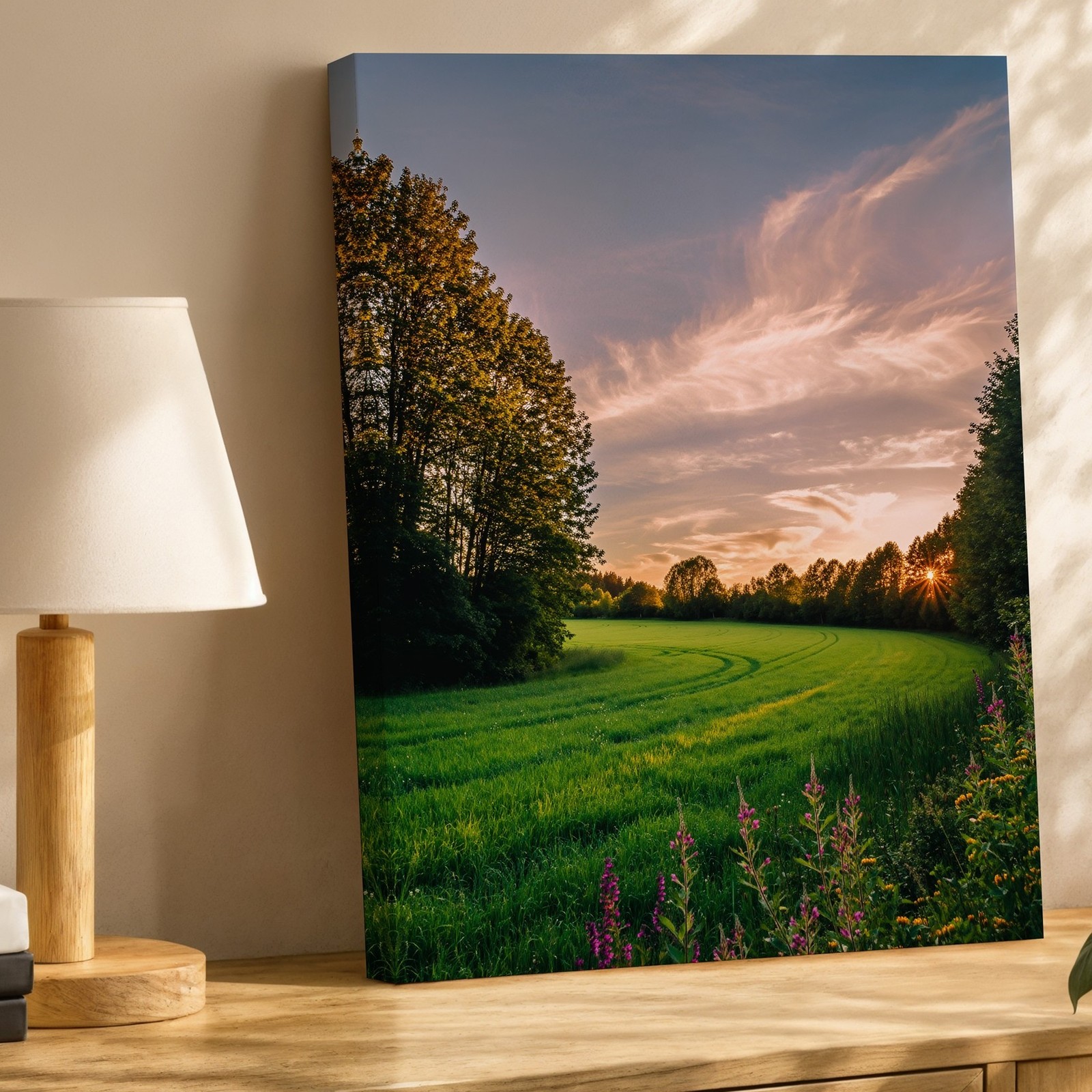 Wall Art Serene Landscape At Golden Hour, Featuring A Lush Green Field Bordered