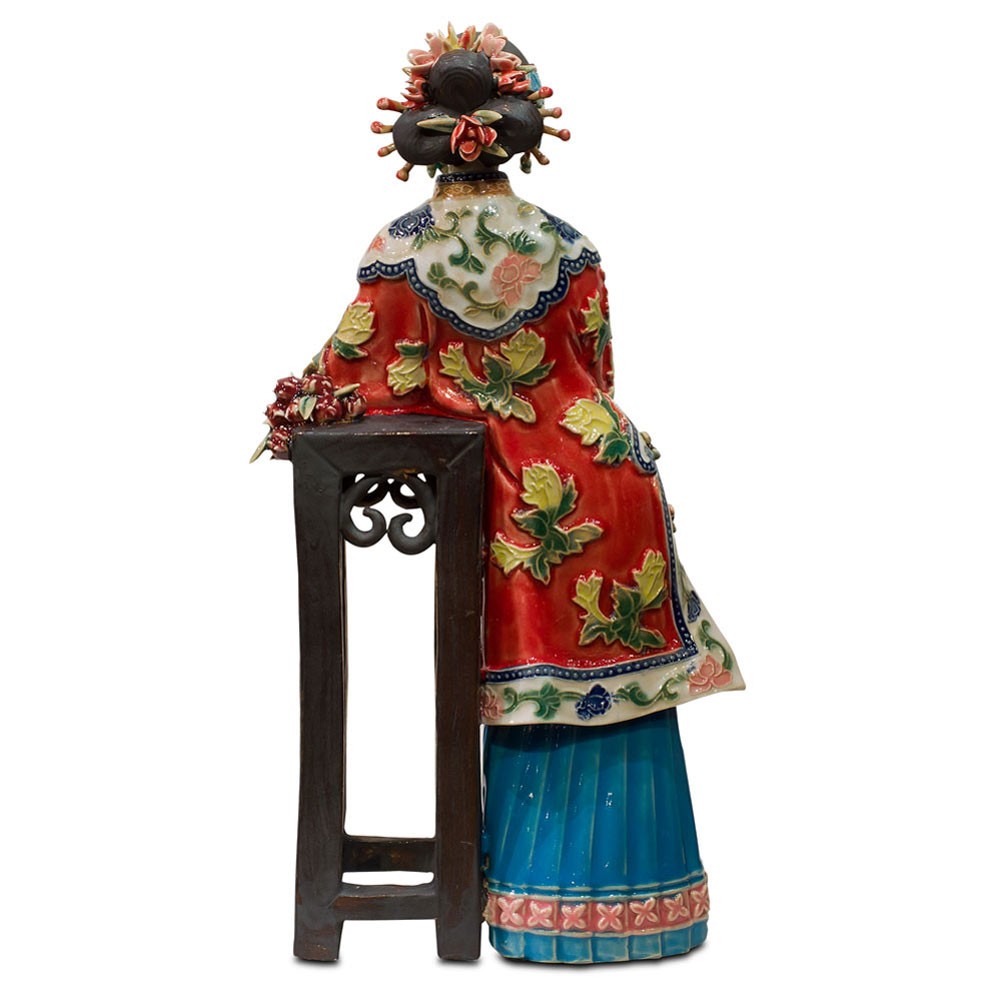 US Seller – Chinese Porcelain Figurine, Shi Wan Lady in Red Leaning on Pedestal