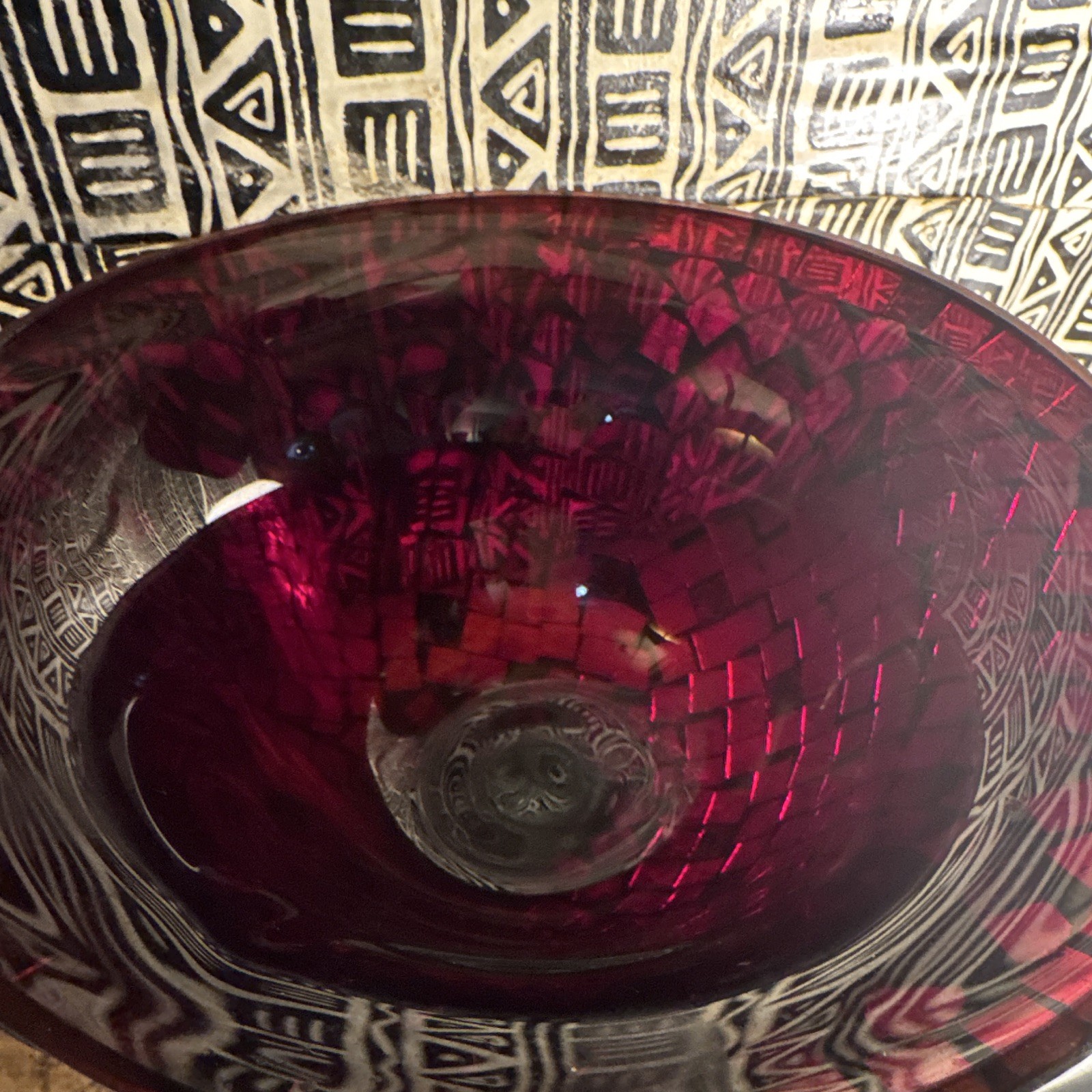 Red Mosaic Pattern Glass Pedestal Decorative Bowl, Round, All Occasions