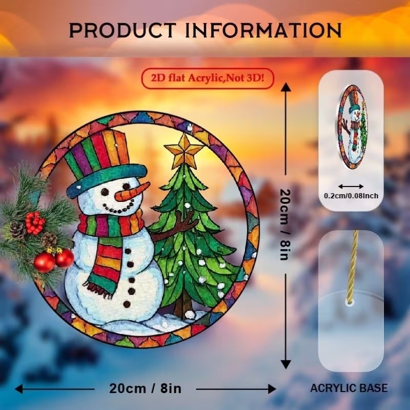 SET OF 2 -2D Flat Acrylic VINTAGE SNOWMAN COLORFUL Sun catchers 8″ Round