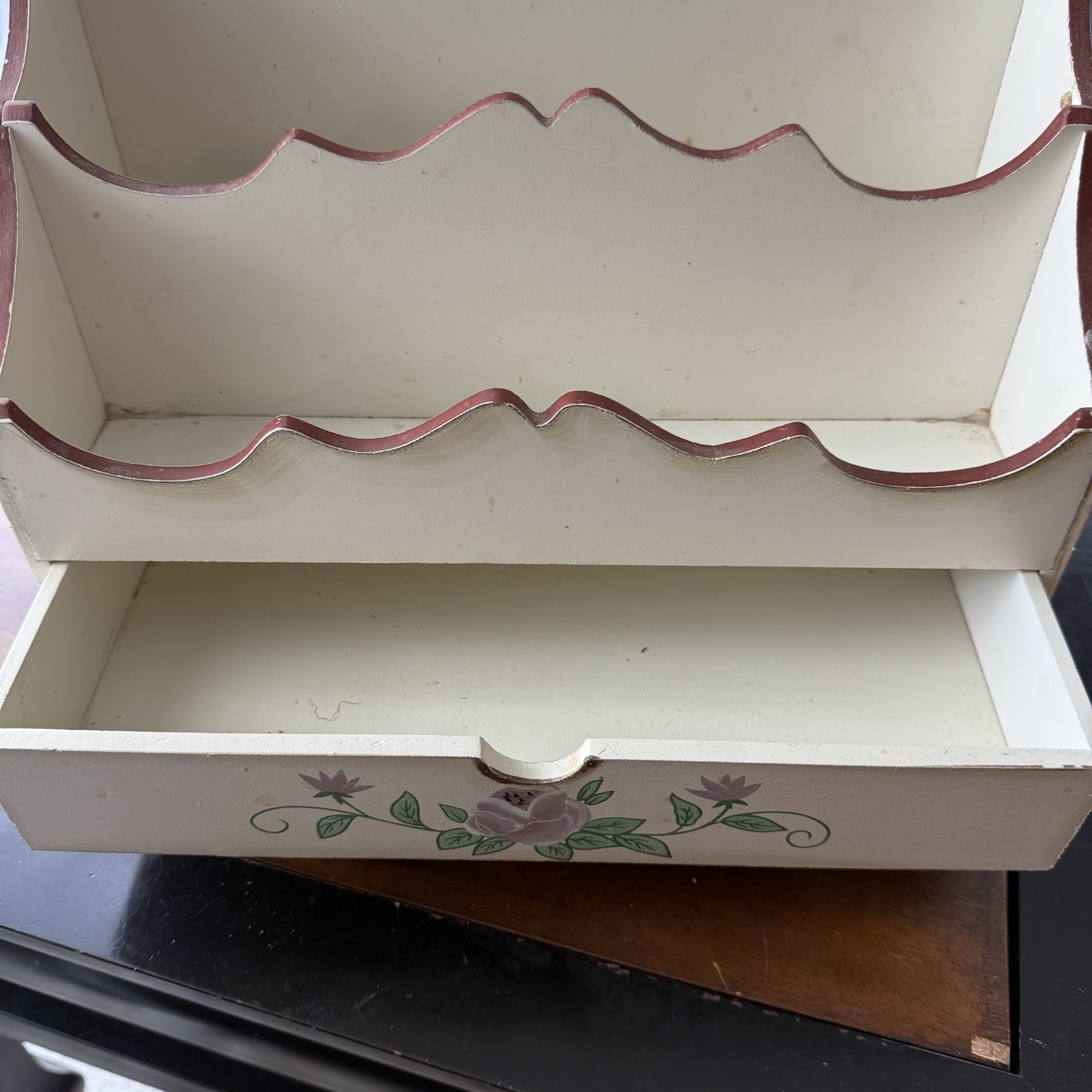 Vtg Wooden Letter Holder Painted Flowers Drawer2 Slots Organizer Cottagecore