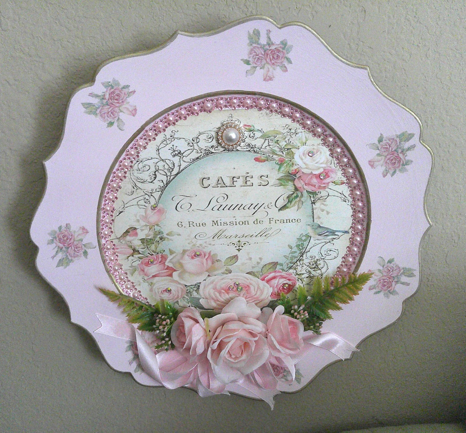 Shabby Chic Victorian~Lg Charger Plate w/French Inspired Graphic~PINK~Roses~OOAK