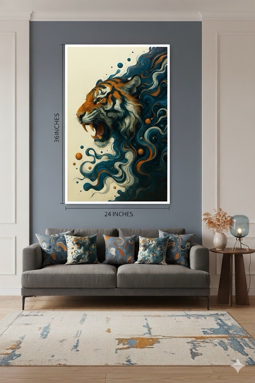 Vibrant Tiger Roar Poster Art 36×24 in. Blue/Orange Animal Print -Unframed