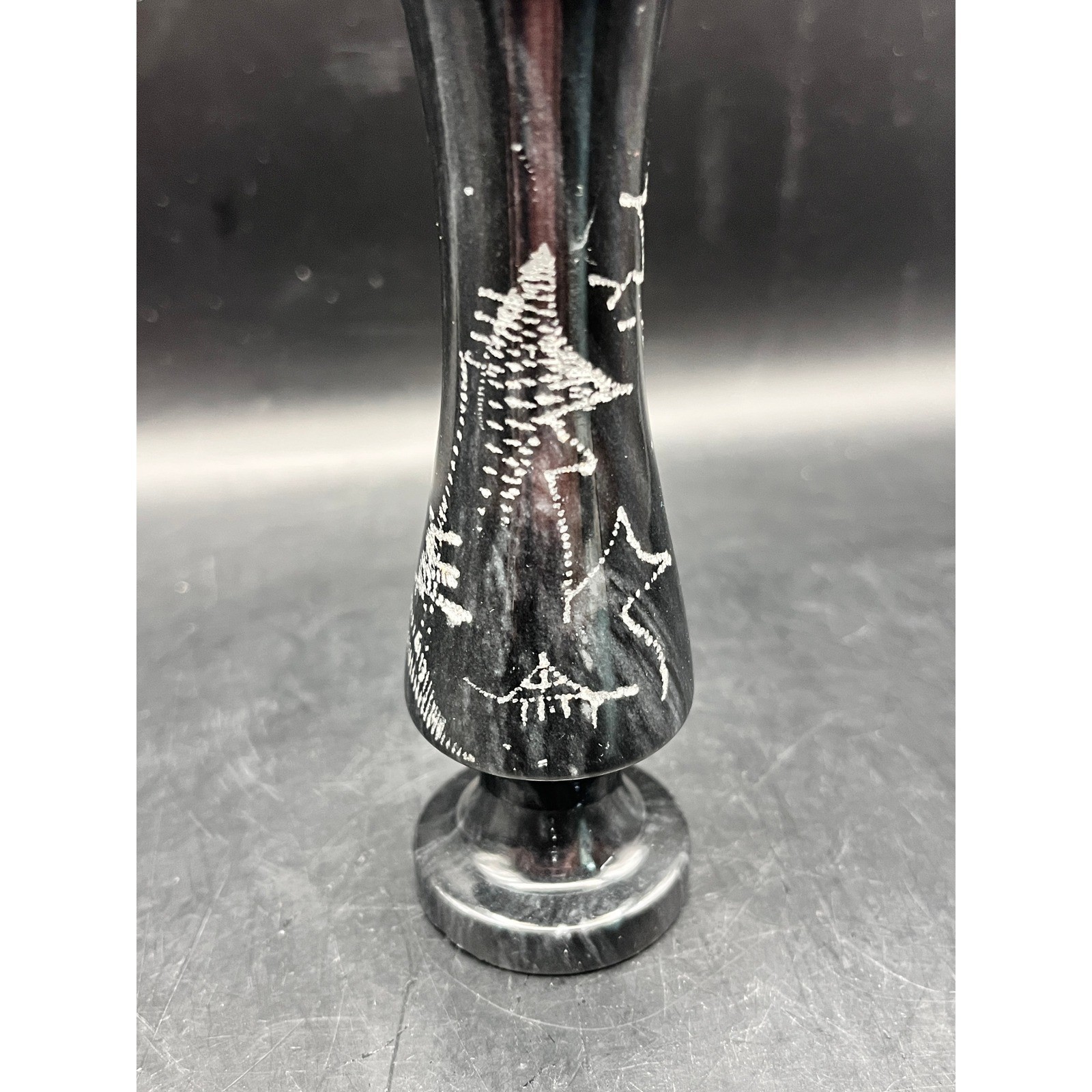Vintage Black Stone Marble Onyx Bud Vase Carved Oriental Tree Smooth 4.5″ Tall