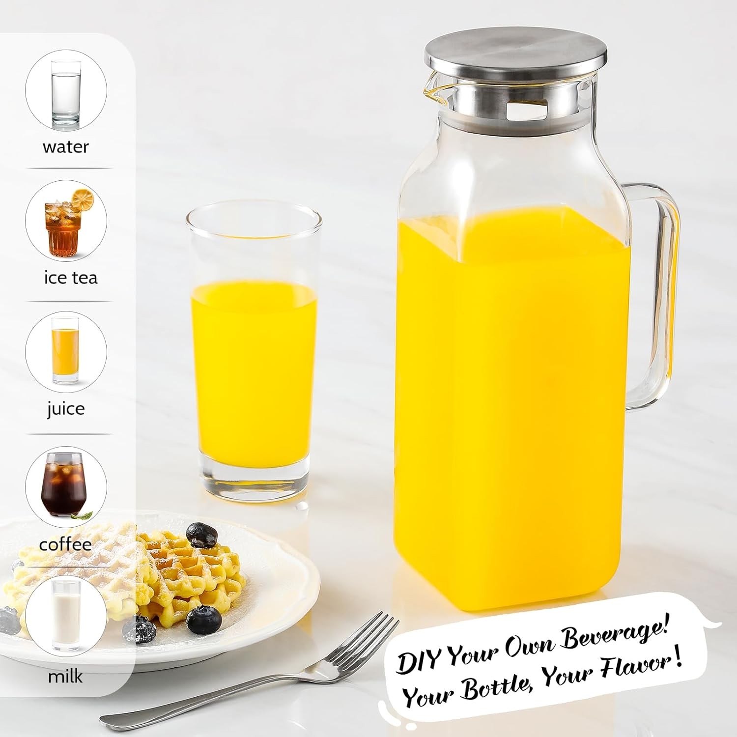 2 Quart (2 Liter 68 oz) Square Glass Pitcher with Lid and Spout, Water Pitchers