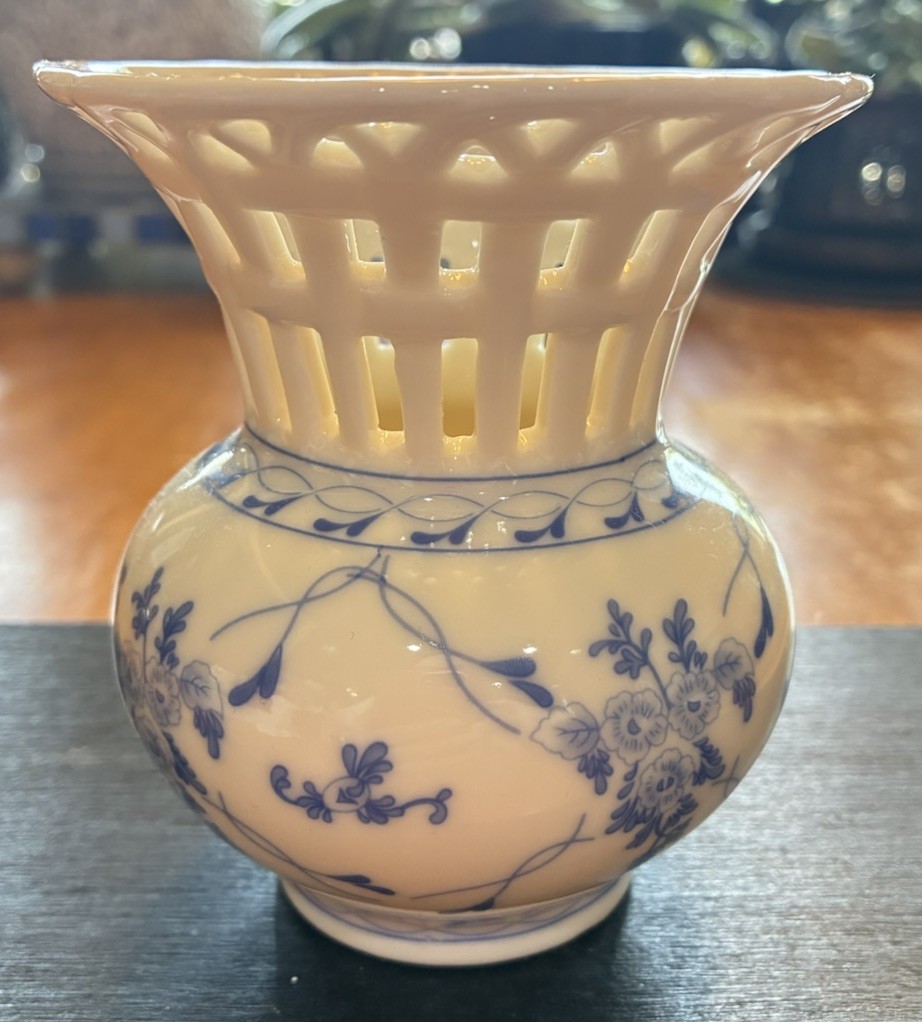 Skye McGhie Rose Brocade Porcelain Vase w Blue White Flowers