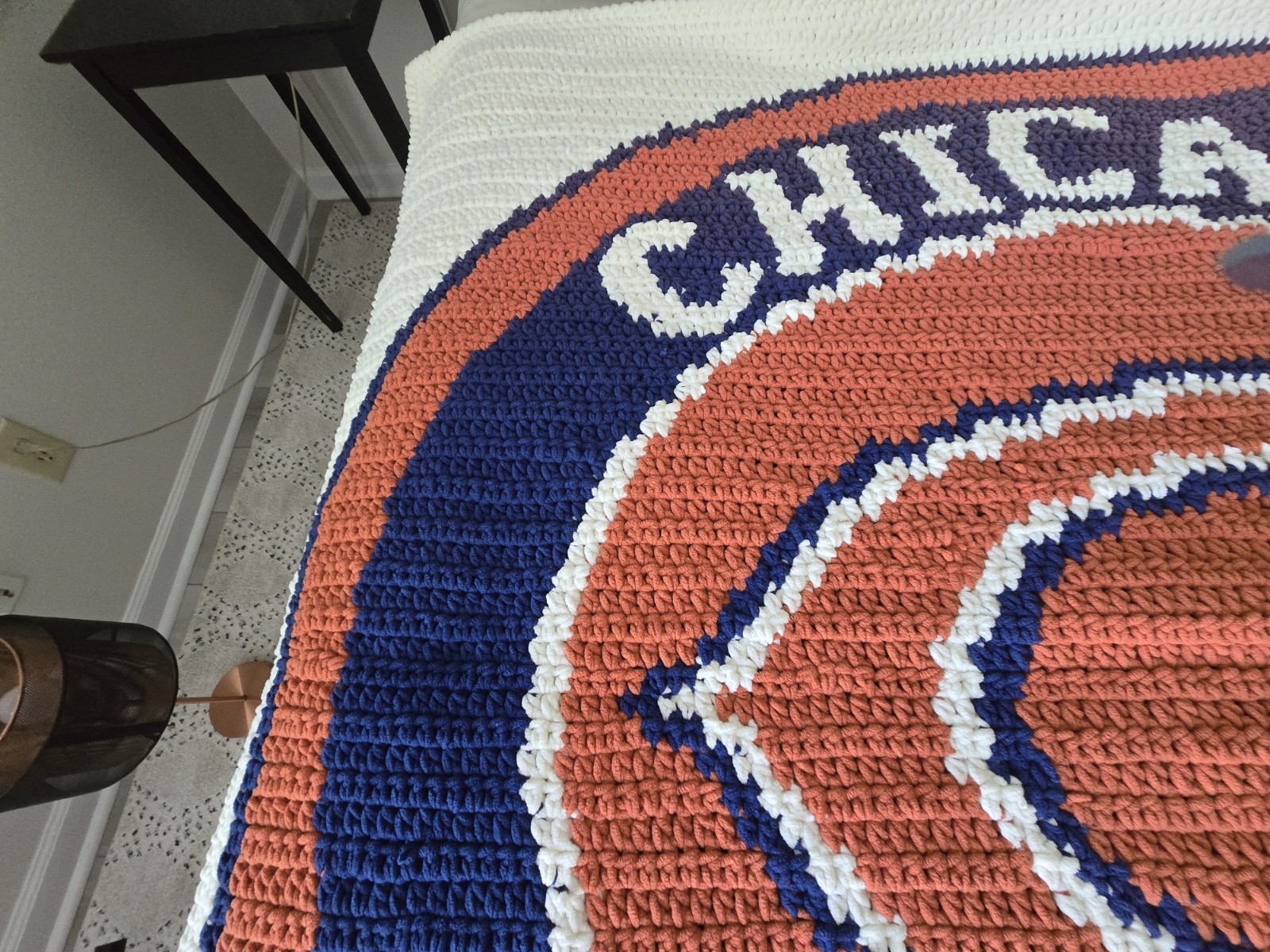 Chicago Bears Handmade Crochet Throw Blue Orange White 5′ 5″