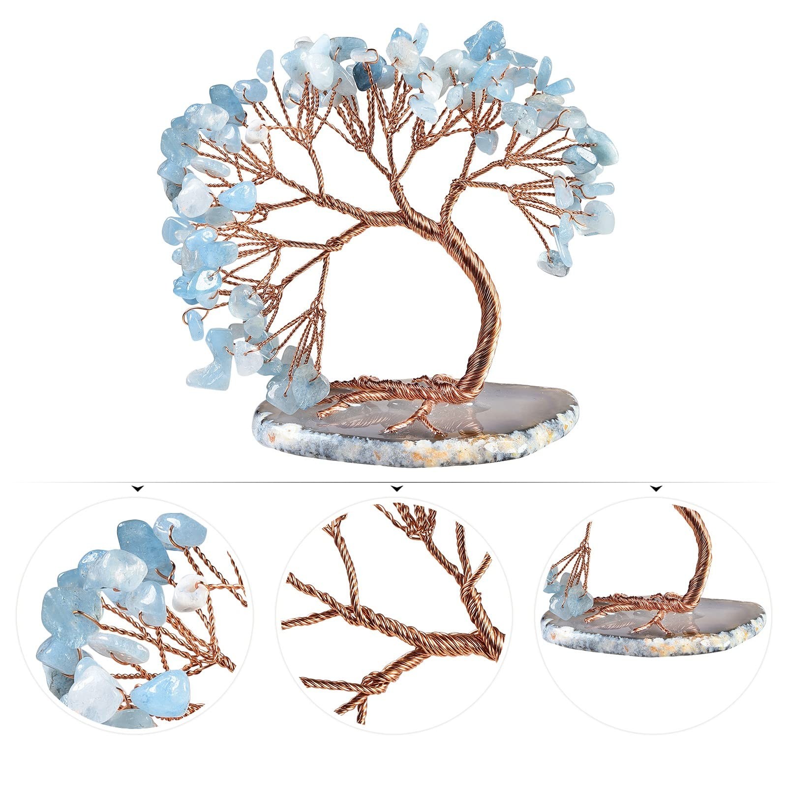 Aquamarine Crystal Money Tree Feng Shui Bonsai with Natural Agate Slice Base