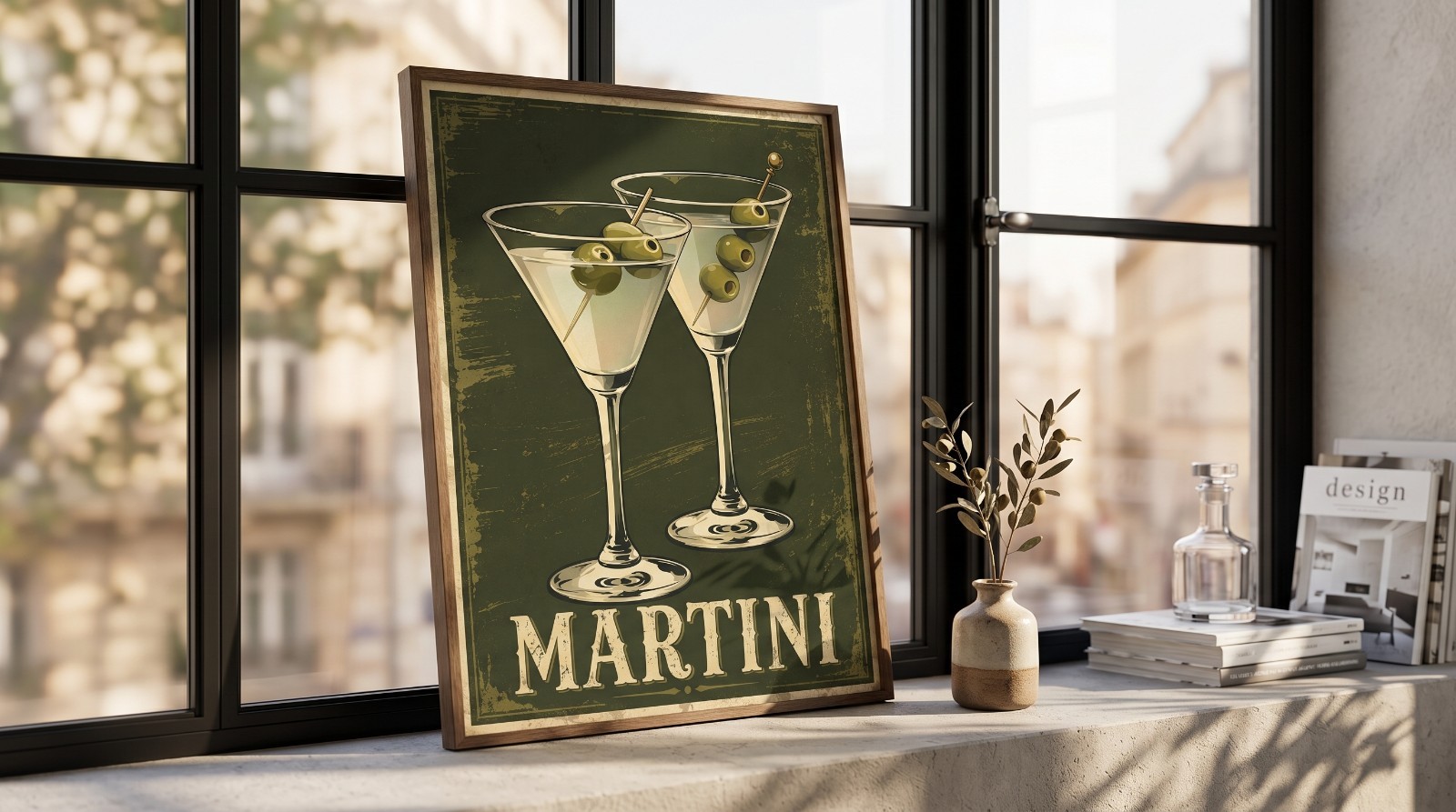 Vintage Martini Cocktail Poster Retro Bar Cart Wall Decor Olive Green Print