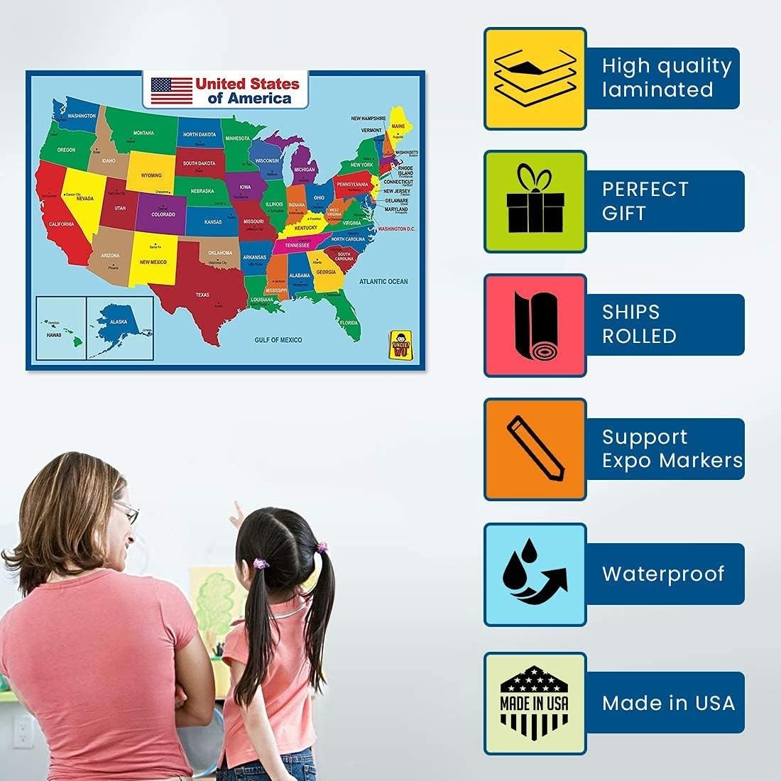 United State Map Laminated Poster -Double Side Educational Poster For Kids/Ad