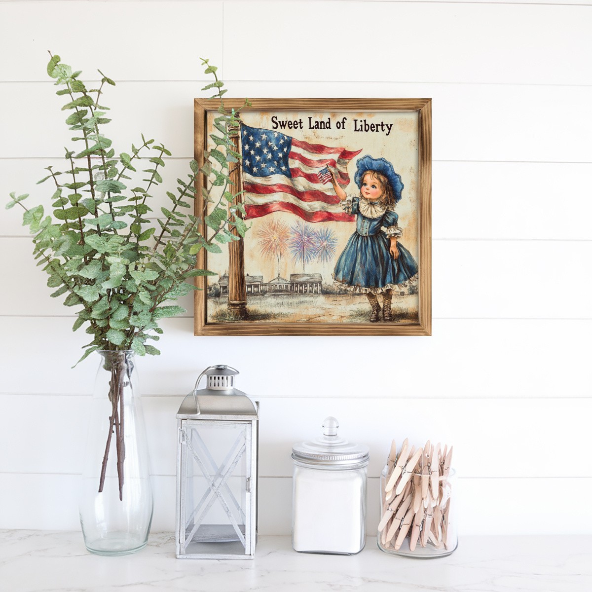 Vintage Patriotic Wall Art ”Sweet Land of Liberty” Framed 4th of July Home Decor