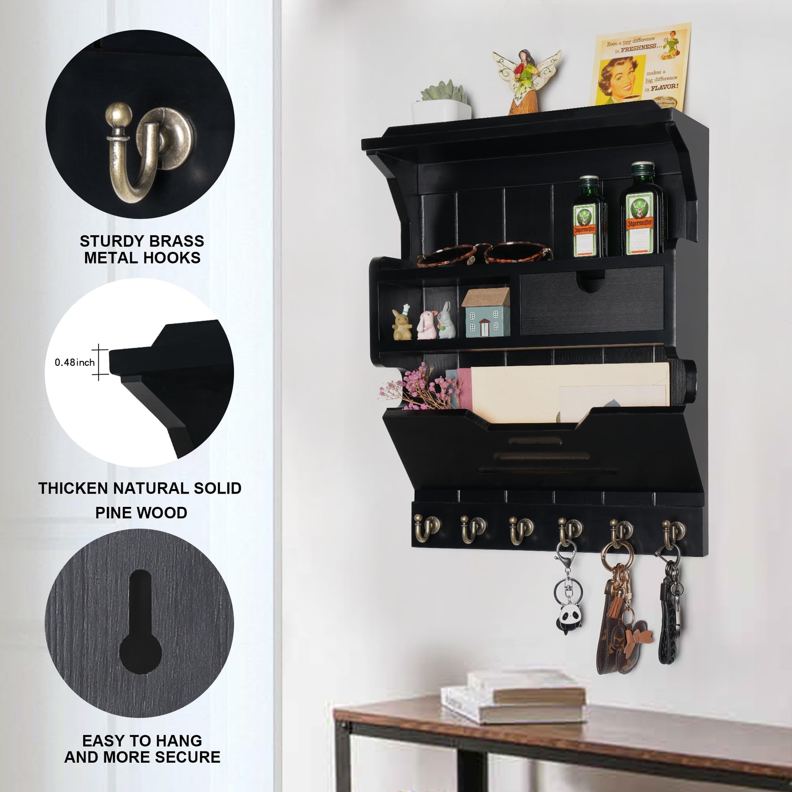 NineLan Elegant Wall-Mounted Mail Organizer, Key and Mail Holder with Storage