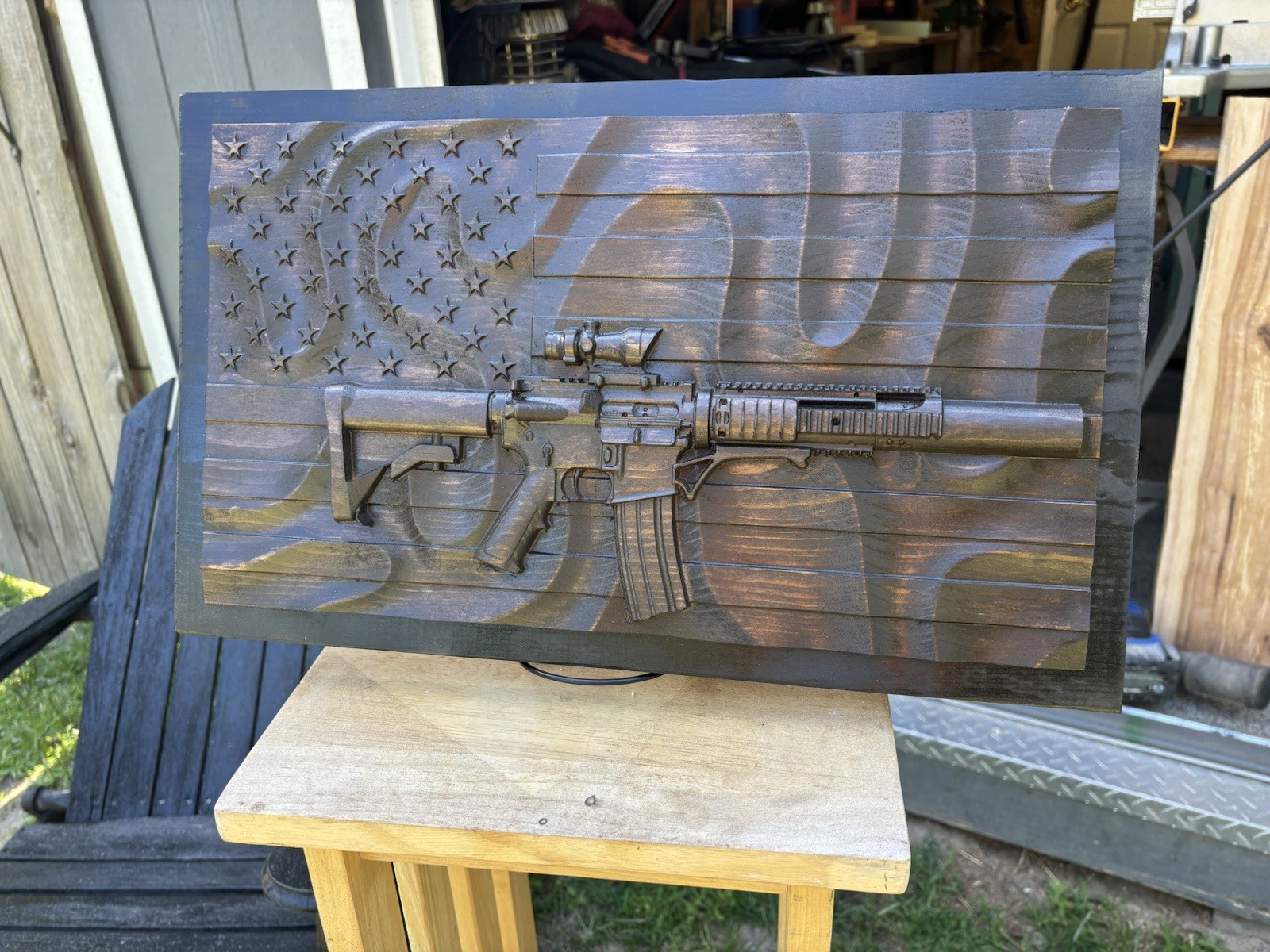 Custom made 3d carved American flag/ rifle. Made from pine.