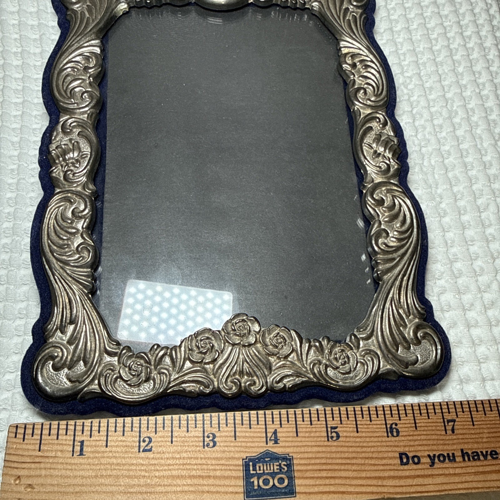 Vtg Ornate Silver Tone Picture Frame Blue Velvet Back Holds 5.5×8 Free Standing