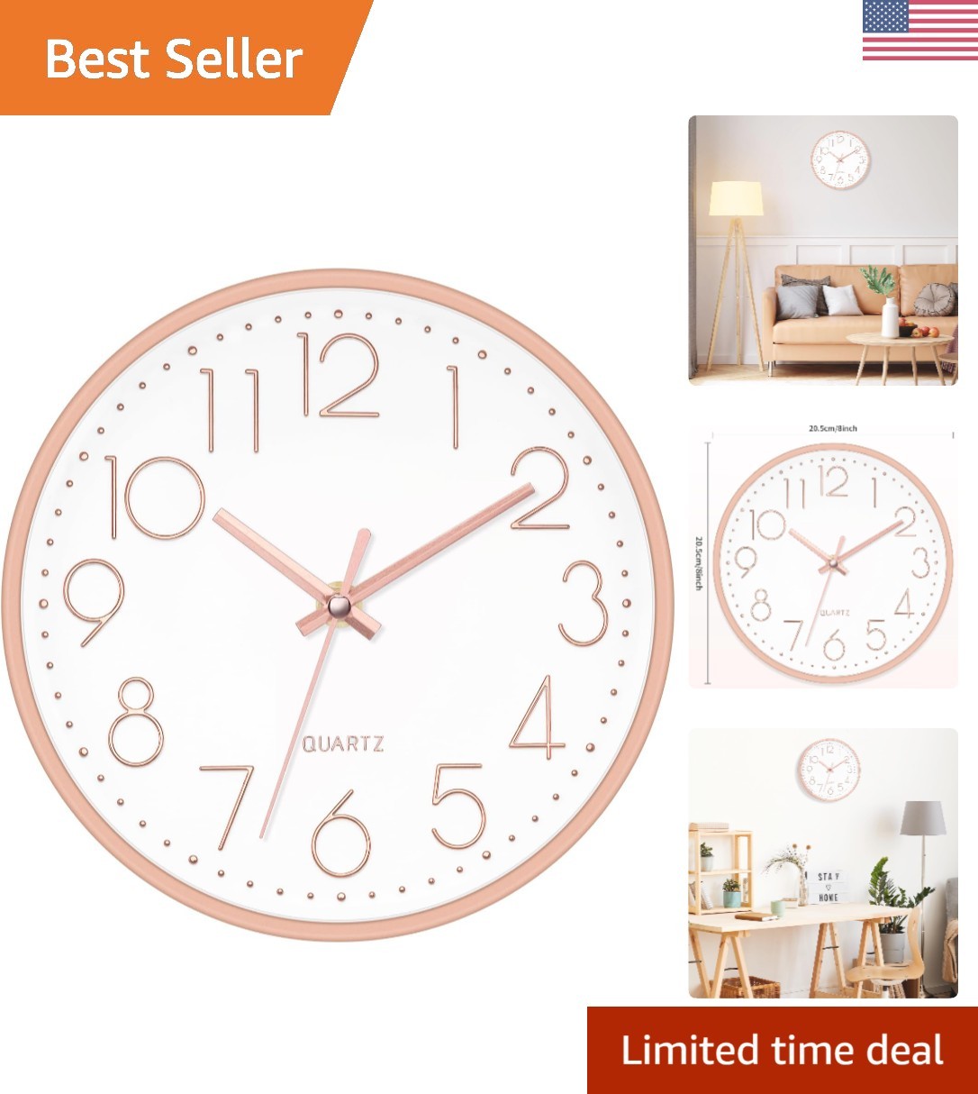 Minimalist 8 Inch Silent Wall Clock with Rose Gold Frame – Easy Installation